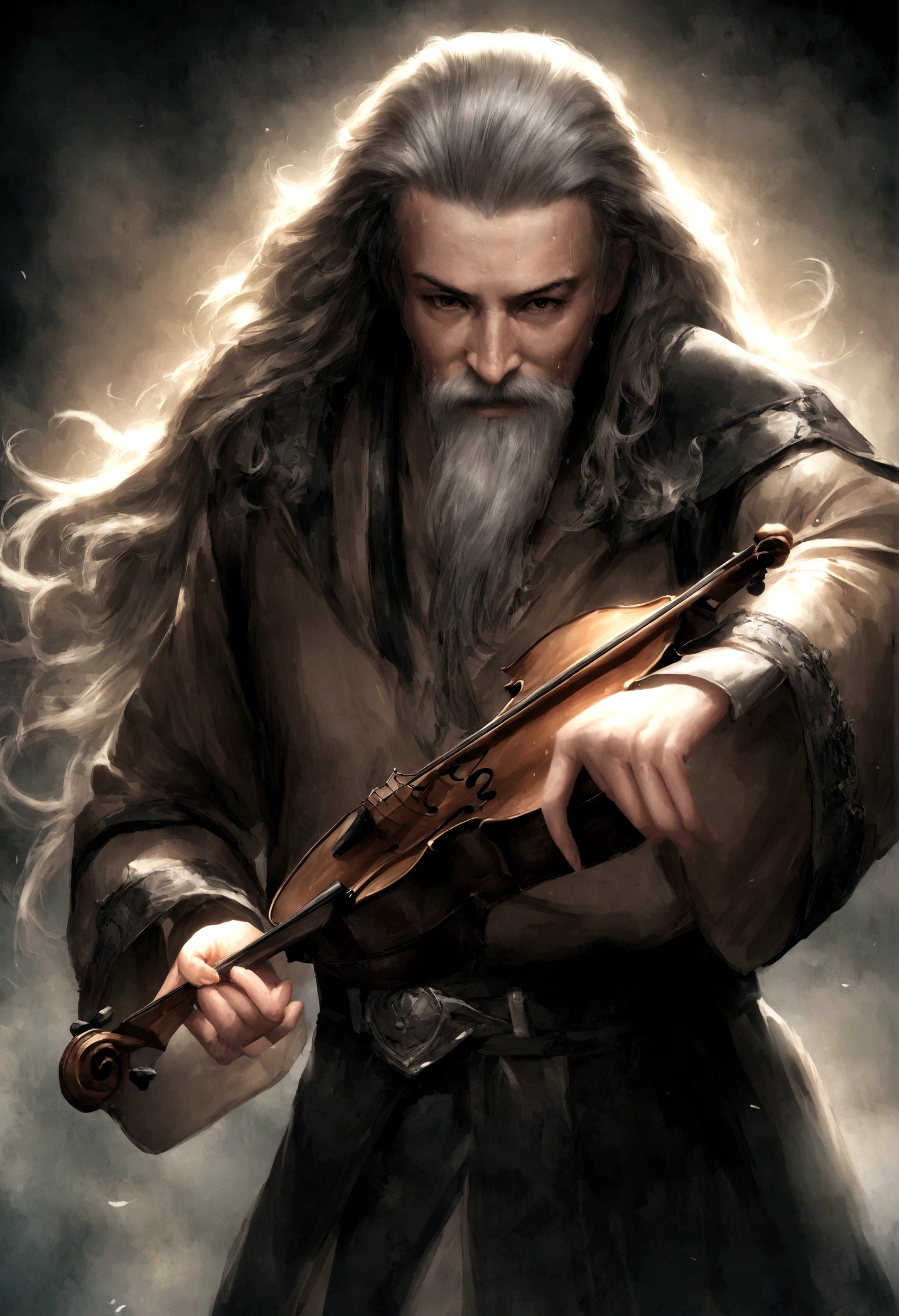 Old dwarf violinist from the middle ages with sinister and melancholic features, comprimento total do corpo,((ambiente sinistro)), simetria facial perfeita, tiro de corpo inteiro, hiper-realismo, hiper detalhado,extremamente detalhado,Alto contraste,Obra de arte,realista,ultra detalhado, detalhes intrincados,realistic wet leather,extremamente complexo,Alto contraste,HDR,extremamente detalhado,Obra de arte, detalhes intrincados, olhos tristes detalhados,4k resolution