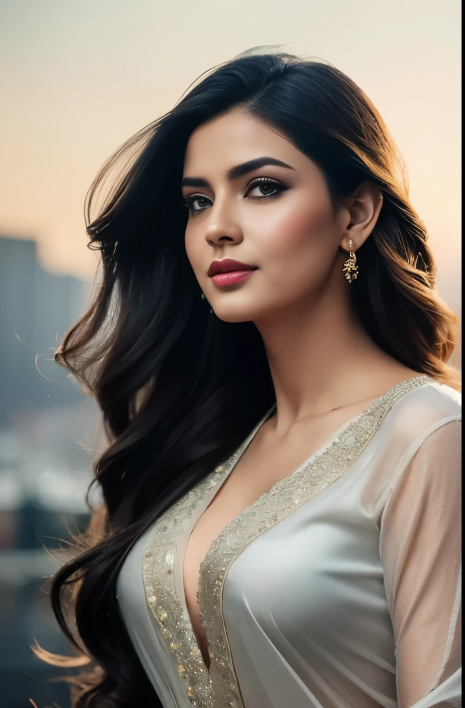 portrait of A confident-looking indian woman princess with long flowing hair, hazel eyes, with orange blue red saree, a smile on the face, royal and lusty look, red bindi, standing in cricket stadium, c-cup breast, perfect composition, hyperrealistic, super detailed, 8k, high quality, trending art, trending on artstation, sharp focus, sexy photo, intricate details, highly detailed, art by Greg Rutkowski