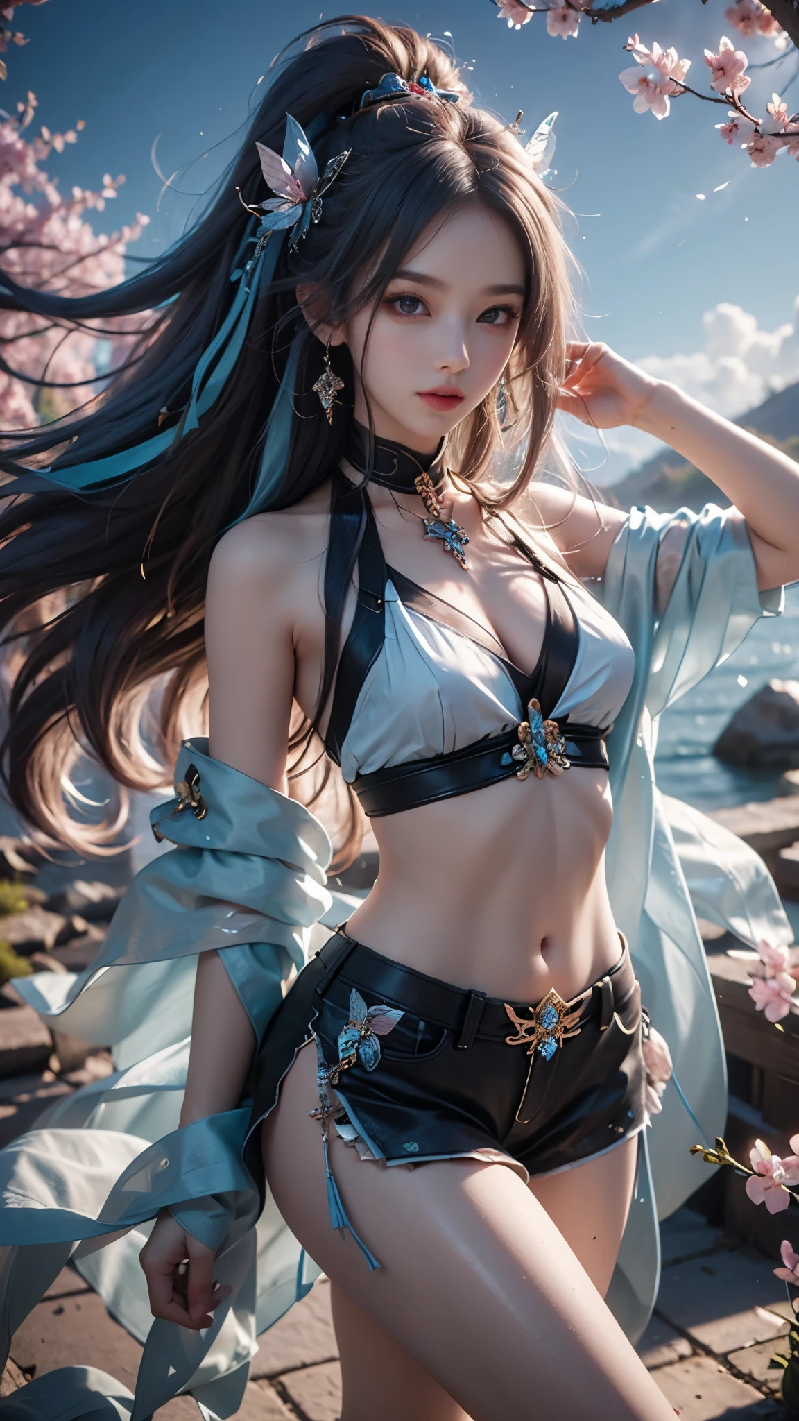 《Magic Mix Live Lora v5》，《Zodiac sign Lora v10》（（8K：1.27），highest  quality，tmasterpiece，超高分辨率：1.2），A beautiful asian girl，Light blue skirt，Moderate chest，ssmile，Photo of colorful wall background。