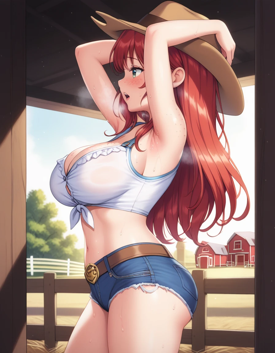 1girl, feminine, on stable floor, background, farm girl, (freckles), blush, loose red hair, (detailed pussy), nude, medium breasts, (sweat), view from side,raised arms, detailed armpits, in a barn, evening shadows, hot breath, moaning, open mouth, dimmed lighting, presenting armpit, standing, view from waist and up, armpit focus, detailed and sweaty armpits, detailed pussy, detailed red pubic hair,