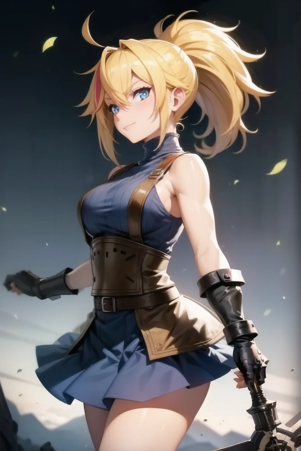 (masterpiece, best quality:1.2), Blue  glowing eyes, perfect face, highres, 1 girl, solo, ultra long ponytail, (female:1.5), strife, blonde hair, shoulder armor, sleeveless turtleneck, suspenders, belt, gloves, bracer, evil smile, standing, portrait, looking at viewer, giant sword on the back