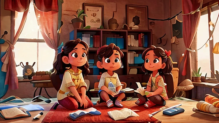 En un pueblo, a man and three women are sitting talking.