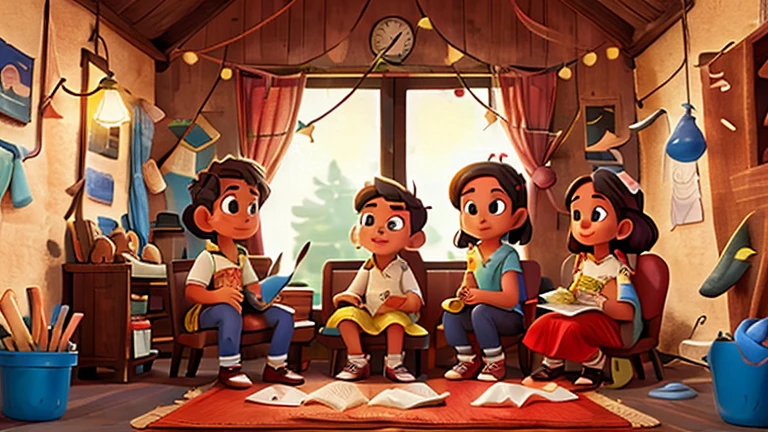 En un pueblo, a man and three women are sitting talking.