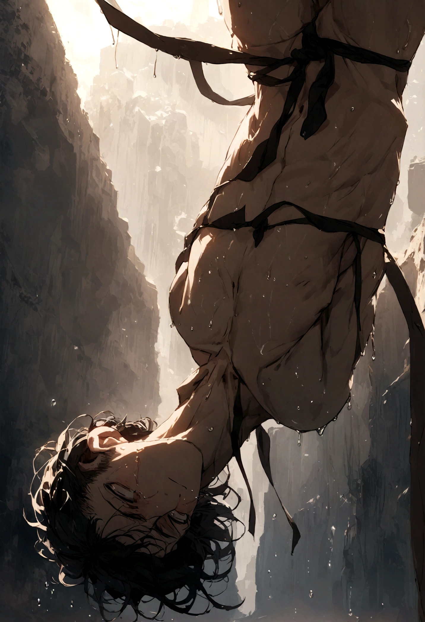create a man tied upside down naked, with a look of despair, he is bruised and wet