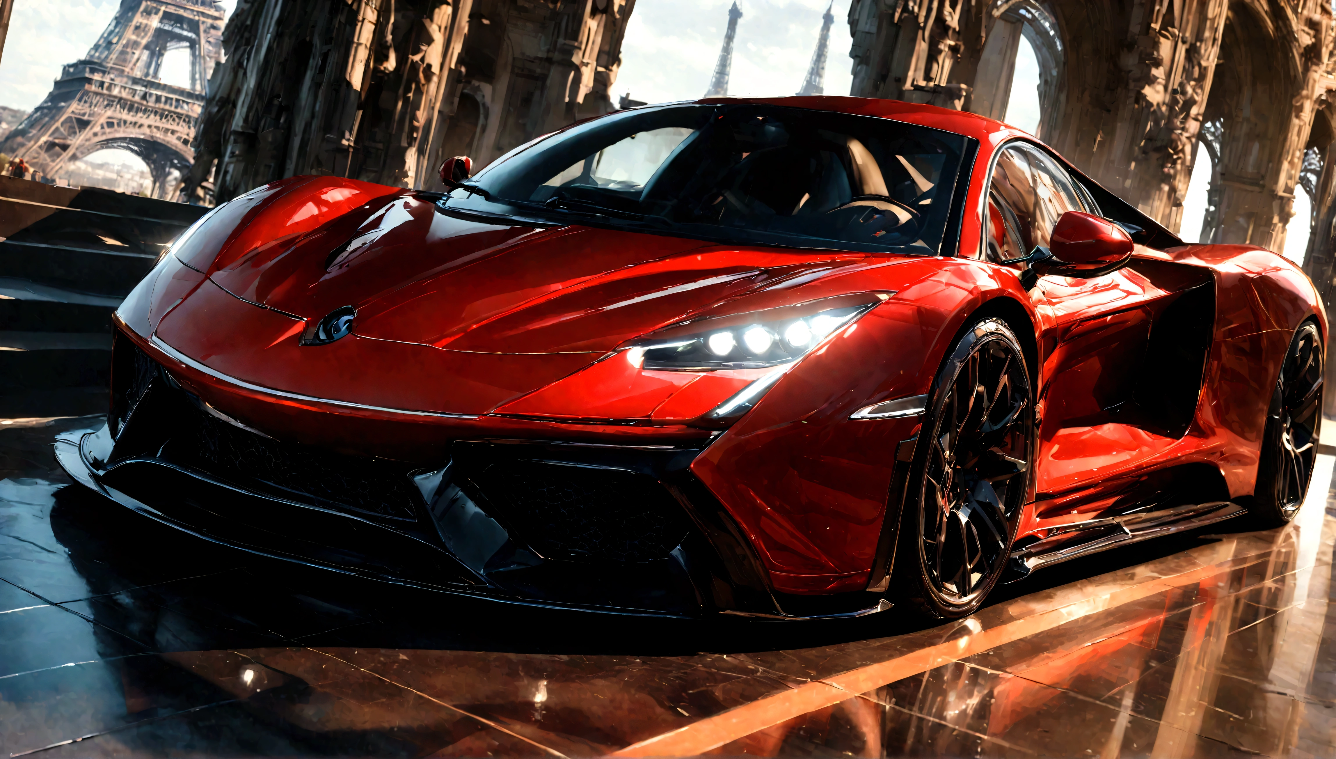 a sleek, aggressive red and black supercar, detailed engine, detailed interior, detailed exterior, detailed wheels, detailed headlights, detailed taillights, photorealistic, 8k, hyperrealistic, cinematic lighting, dramatic angle, eiffel tower in the background, intricate details, high quality, hyper detailed