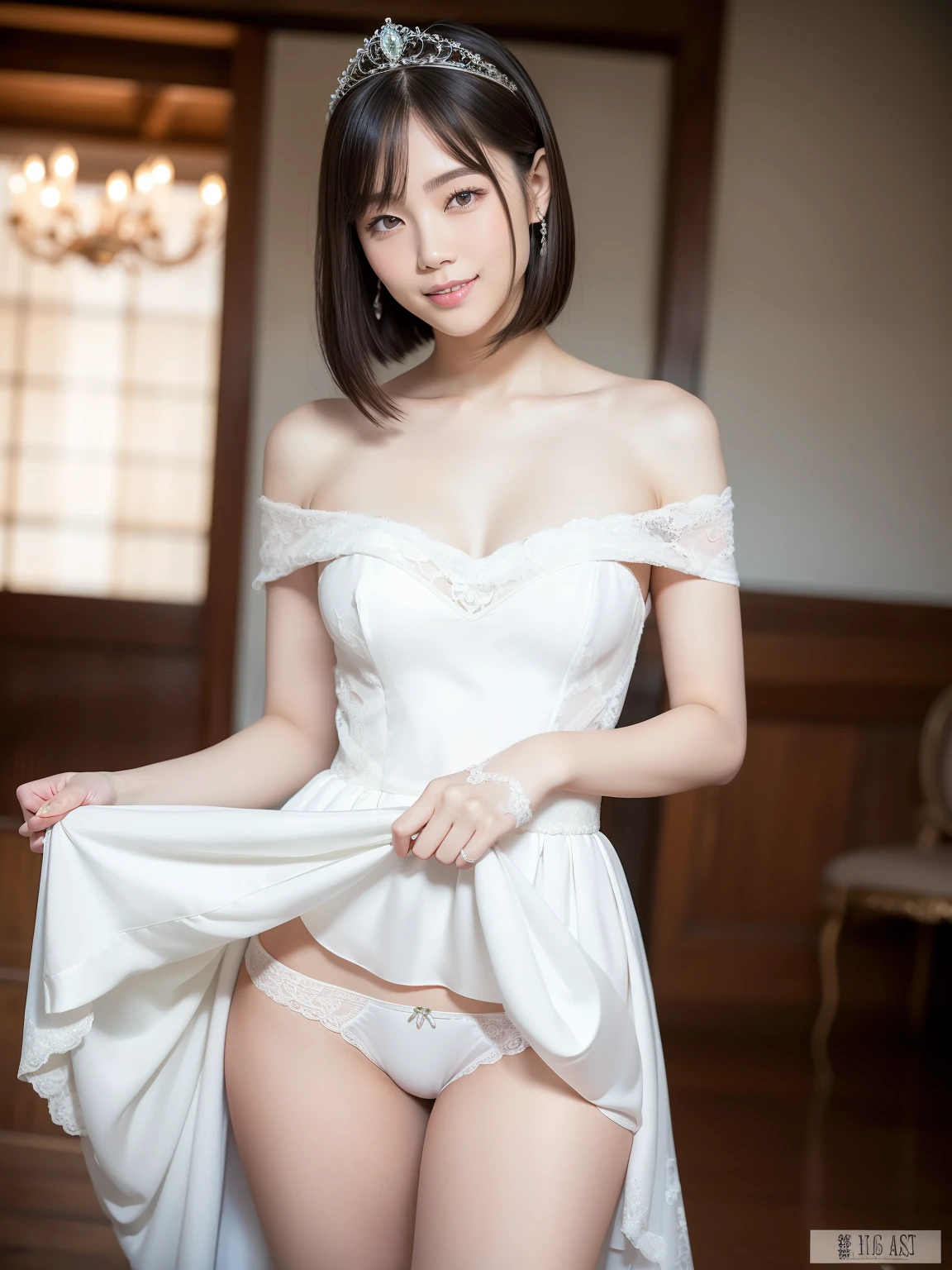 (Best quality: 1.5), (Realistic: 1.5), (1 person: 1.5), full body, Highly detailed, High resolution, 8k, Natural colored lips, Cute smile, Japanese woman, 20-year-old girl, beautiful and elegant features, perfect and beautiful face, large eyes with good balance between the left and right sides, brunette eyes, beautiful and elegant features, beautiful double eyelids, beautiful thin nose, beautiful skin, fair skin, (medium bob hair), natural bangs, perfect and beautiful face, slim face and figure, (looks at the camera with a sweet smile), princess line wedding dress, best Wearing a luxury bridal tiara (wearing a pure white off-shoulder wedding dress), luxury wedding dress, lace white gloves, bridal veil, (micro mini skirt dress), (stand with your legs apart:1.2), (skirtlift:1.2), Hold up the hem of your skirt with your hands, (Sexy Panties:1.2), Medium breasts, Beautiful standing posture,
