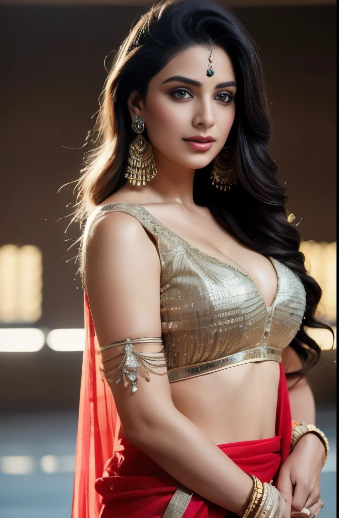 portrait of A confident-looking indian woman princess with long flowing hair, hazel eyes, with orange blue red saree, a smile on the face, royal and lusty look, red bindi, standing in cricket stadium, c-cup breast, perfect composition, hyperrealistic, super detailed, 8k, high quality, trending art, trending on artstation, sharp focus, sexy photo, intricate details, highly detailed, art by Greg Rutkowski