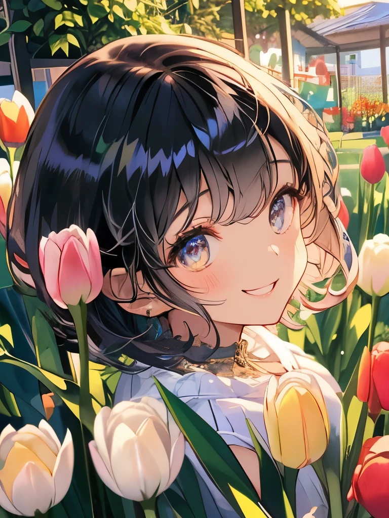 Masterpiece、smile、Anime Girls、Black Hair、Short Hair、可愛いAnime Girls、smile、((Tulips))、たくさんのTulips、Fractal Art、Gwaiz、Pool、Garden、Flower Garden、butterfly