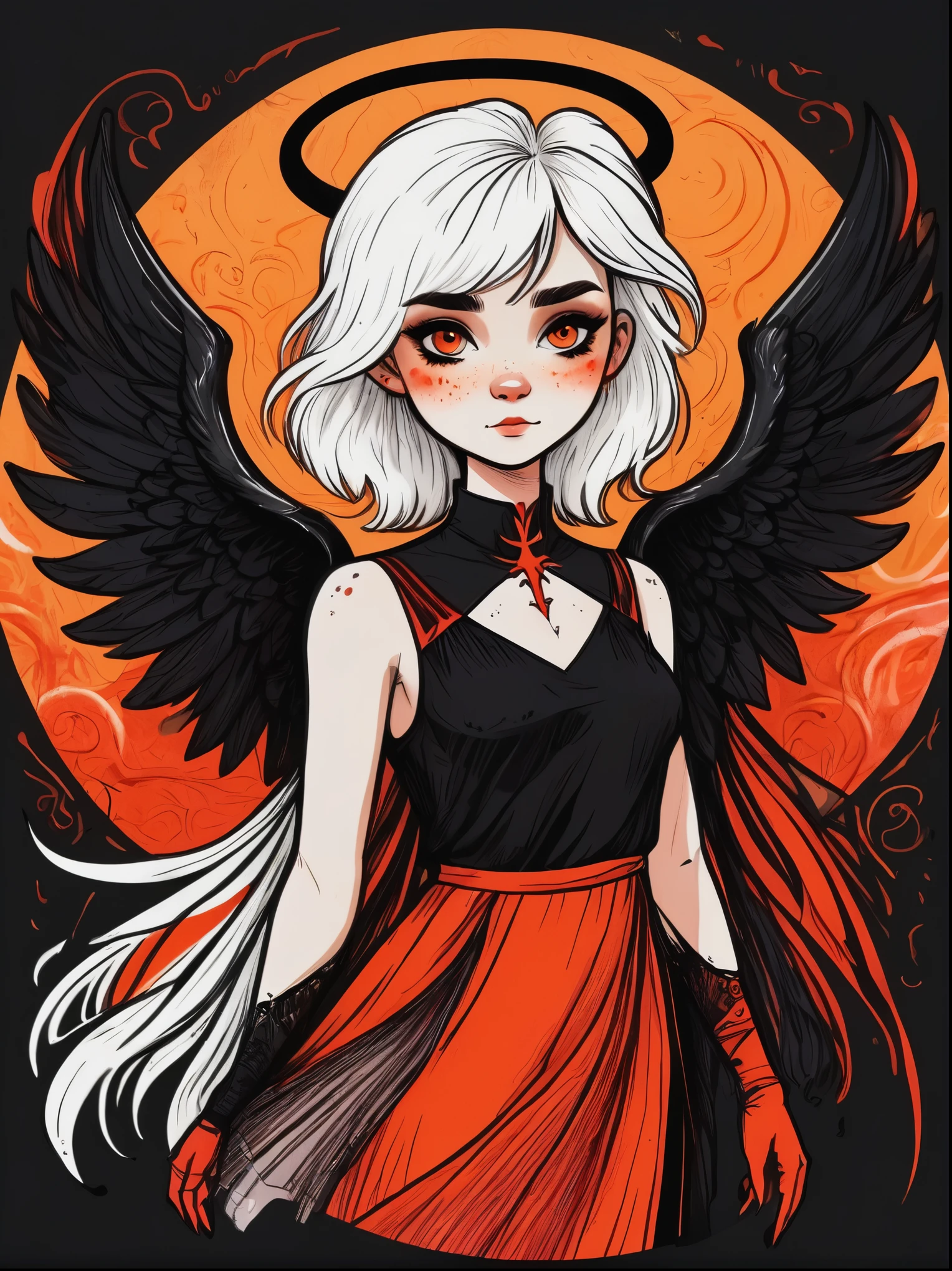 Cartoon hand drawn, 1 Girl, solo, Heterochromia, white hair, Black Hair, Split topics, Angel, devil, wing, The color palette is in red, orange and black tones and has a sketchy style, The background should have a simple hand-drawn doodle pattern