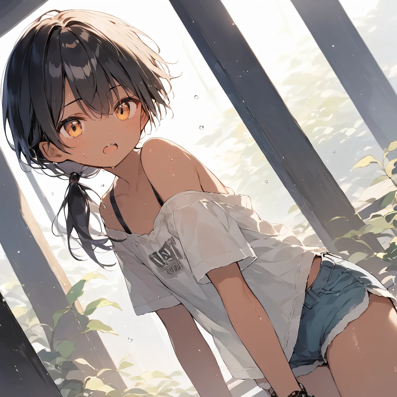 score_9, score_8_up, score_7_up, source_anime, best quality, masterpiece,official art, absurdres, highres, waifu2x,Collection: Slice of Life,break,1girl, tomboy, dark-skinned female, short hair, low ponytail, flat chest,  beautiful detailed eyes, short shorts, sweat, open mouth, (yawn:0.3),  sleepily, outdoors, break,(clear line illustration:1.2),very high resolution, very aesthetic, super detailed skin, Best sexual lighting powered by famous artist, 8k,cute picture,beauty illustration,photoshop_(medium),,(Detailed Lighting)
