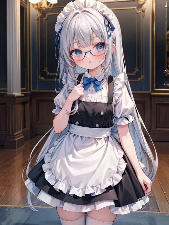 masterpiece, highest quality, Very detailed, 16k, Ultra-high resolution, 9-year-old girl, blue eyes, Glasses, Silver Hair, Long Hair, Braid, Black maid outfit, In town, Depth, vanishing point