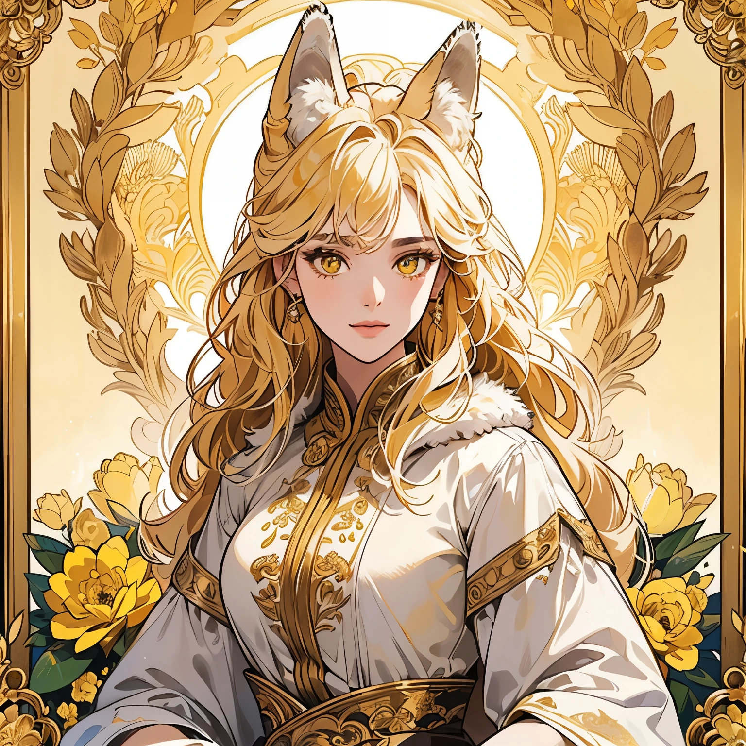 Best quality, 1 wolf, logo, background white only, emblem, 14k, intricate and detailed, frame, yellow, (((1 woman and wolf))), detailed fur, sparkling eyes, corporate logo, golden, panoramic, long shot, front, yellow flowers, Upper body, looking at viewer,  beautiful goddess, Very detailed hair