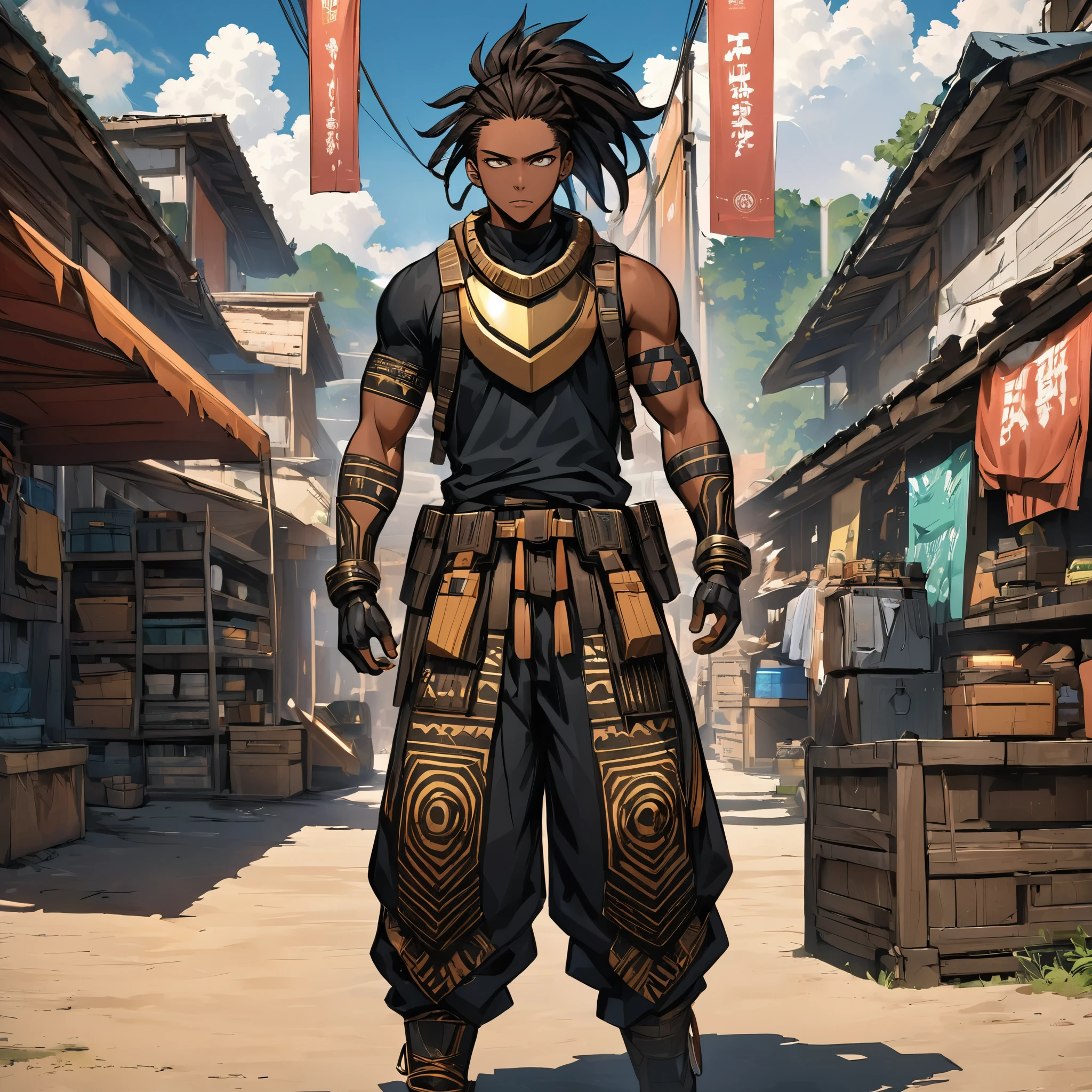 ((best quality)), ((masterpiece)), (detailed), perfect face (My hero academia style). A Brazilian and Nigerian descendant  boy with brown skin, dreads, yellow eyes, tribal tattoos, a toned body with various scars,

The boy uses a hero suit that had a sleek and tactical look that perfectly fitted your tribal aesthetic, it had a more streamlined and lightweight design, making it easier for me to move quickly and efficiently

Using iron sole black boots, iron shin guards, and iron arm guards with reinforcement and shock-absorbing technology to provide better protection from impact and blunt force trauma

A tribal style baggy pants with additional pockets and compartments for storing various gadgets and equipment

And a carbon fiber yellow hooded vest that reveals my arms, the vest has a huge durability and flexibility, and a reduced weight while still maintaining its tribal aesthetic. 

It has iron claw-like gauntlets that feature energy channels that allow me to channel and discharge different types of energy more efficiently and accurately that I use as weapons 

And a half face black prajna mask with golden details and teeth with a sleek design that improved its functionality and comfort that had a more advanced built-in comms system and filters, allowing you to communicate with your teammates and have a filtration for hazardous environments.

Also the suit had additional built-in weapons and gadgets that are connected to your quirk and ability to manipulate different types of energies.  The suit now had advanced sensors and control systems that allow you to monitor and manage your energy levels and output with ease.