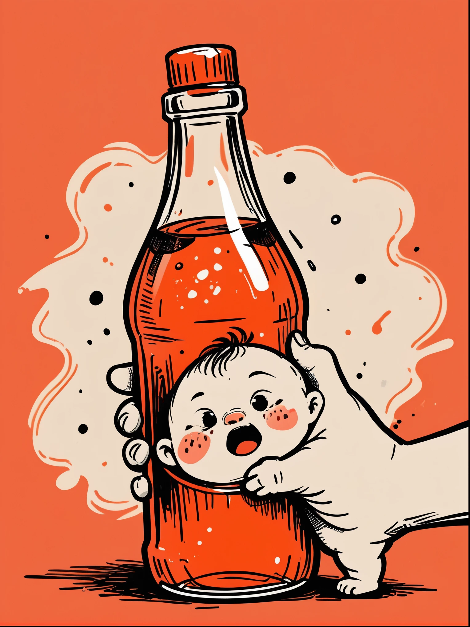Cartoon hand drawn, , solo, cry，Bottle in hand，The color palette is in red, orange and black tones and has a sketchy style, The background should have a simple hand-drawn doodle pattern