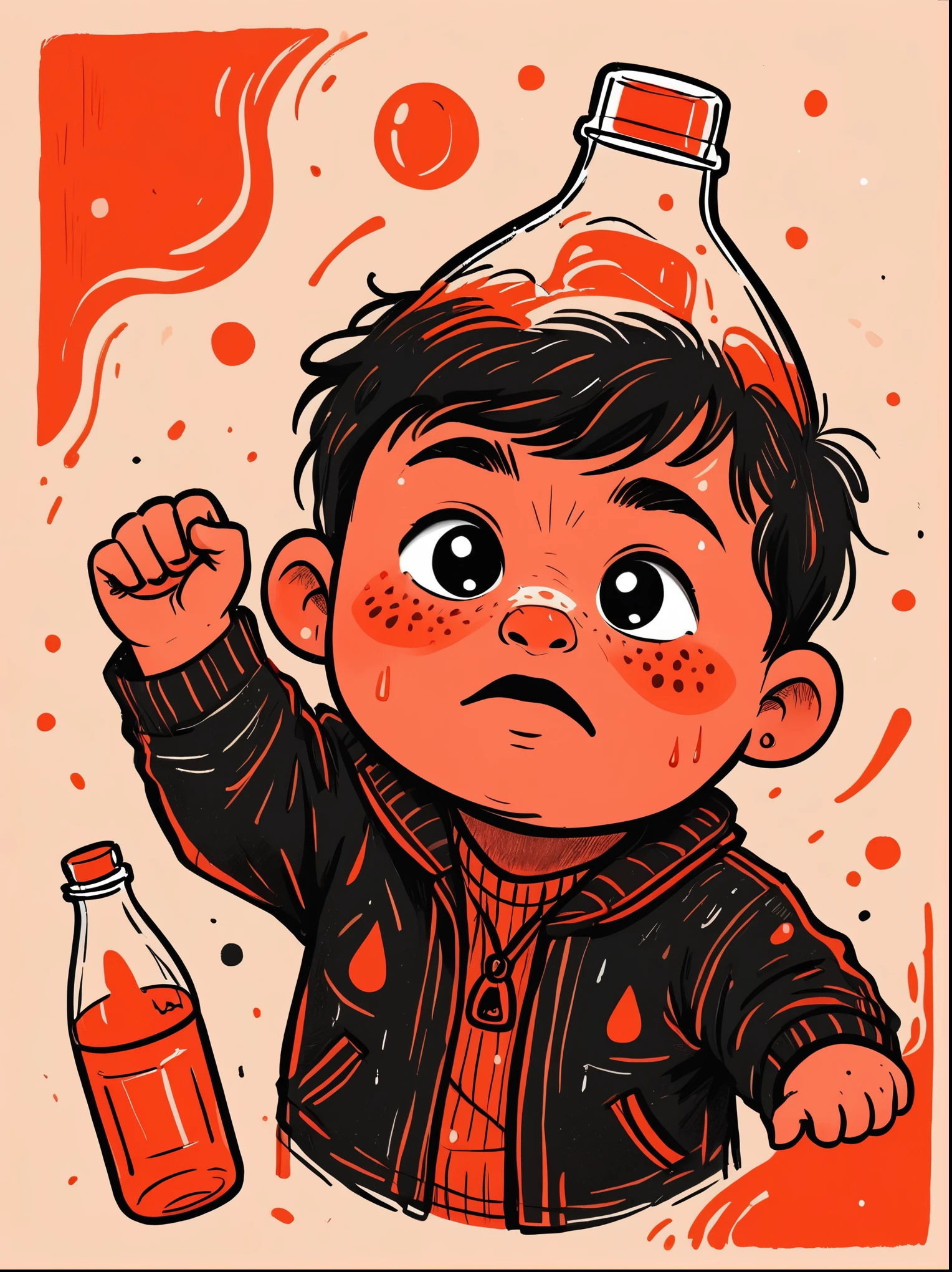 Cartoon hand drawn, , solo, cry，Bottle in hand，The color palette is in red, orange and black tones and has a sketchy style, The background should have a simple hand-drawn doodle pattern