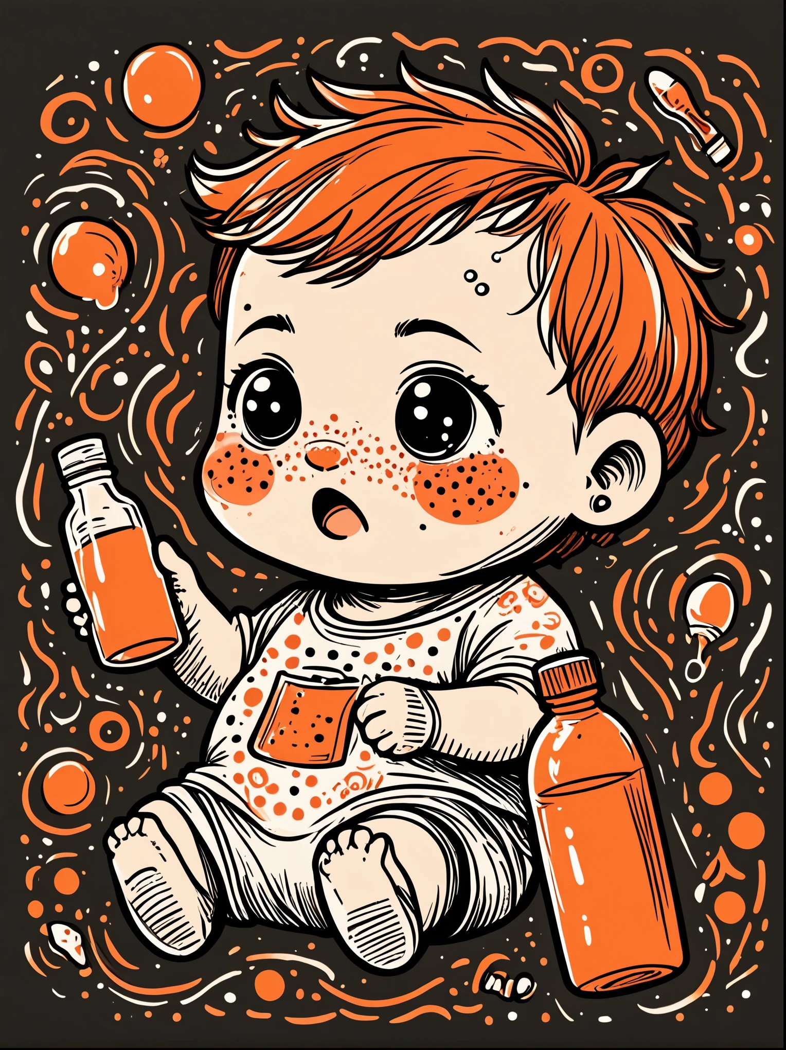 Cartoon hand drawn, , solo, cry，Bottle in hand，The color palette is in red, orange and black tones and has a sketchy style, The background should have a simple hand-drawn doodle pattern