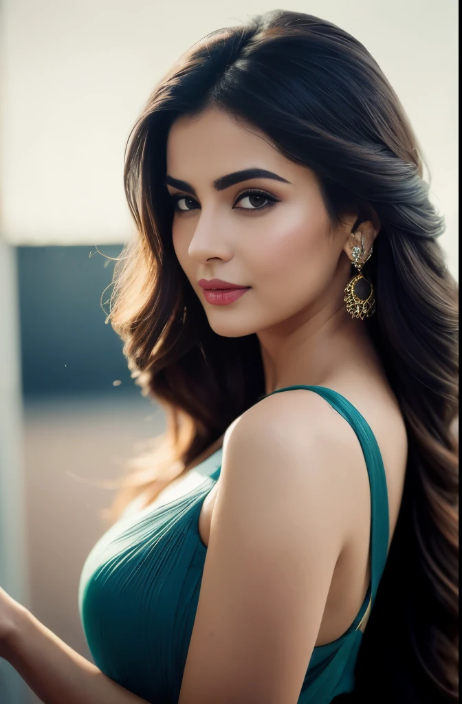 portrait of A confident-looking indian woman princess with long flowing hair, hazel eyes, with orange blue red saree, a smile on the face, royal and lusty look, red bindi, standing in cricket stadium, c-cup breast, perfect composition, hyperrealistic, super detailed, 8k, high quality, trending art, trending on artstation, sharp focus, sexy photo, intricate details, highly detailed, art by Greg Rutkowski