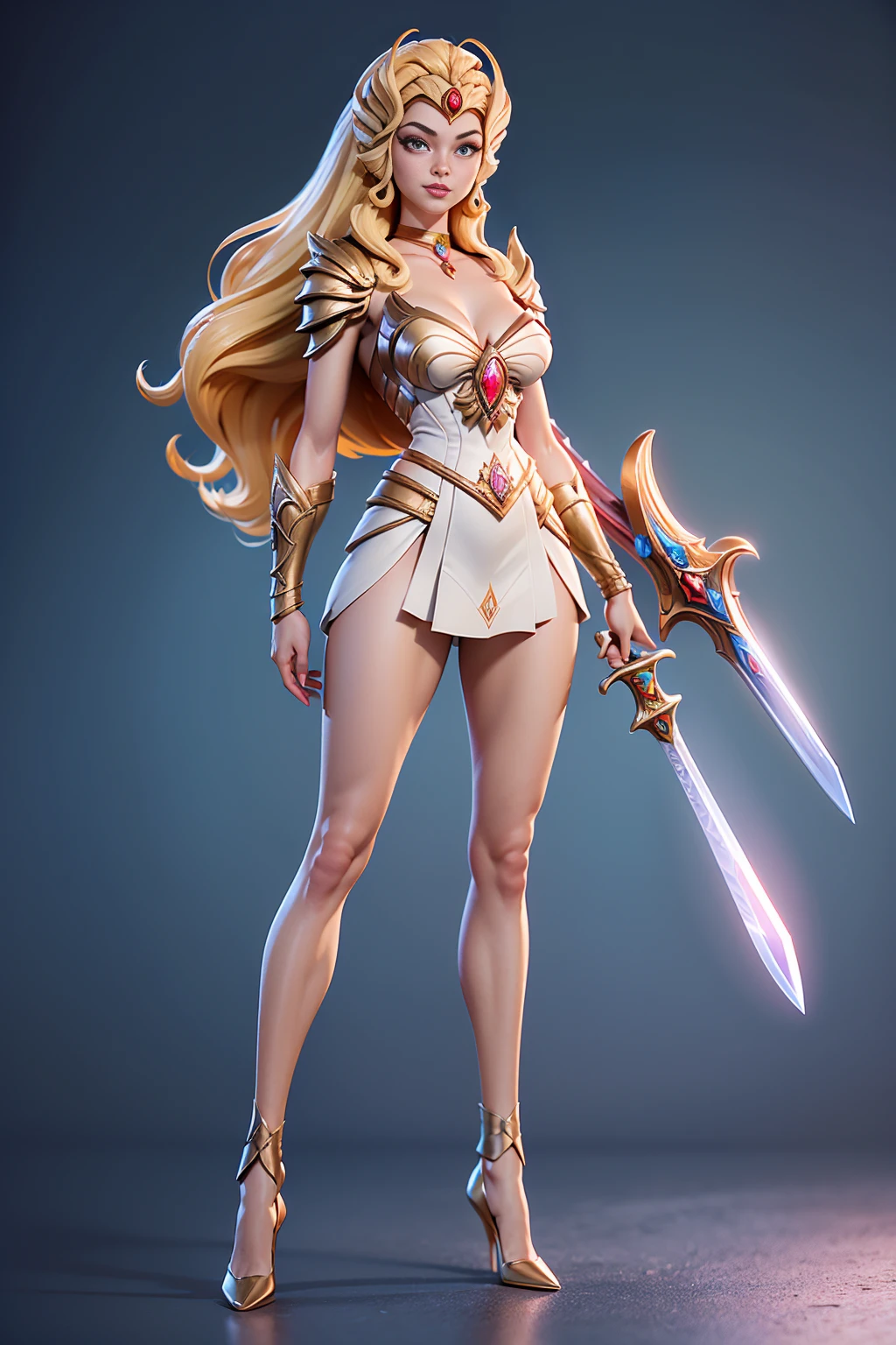 ((Full body photo,standing, feet on the ground))  Masterpiece, Ultra Detailed, Hard Drive, 8K, Photorealistic, 3dmm, !(a costumed woman holding a sword, She - RA, She-Ra, Powerful Girl, The Princess of Power, by Alan Davis, Intergalactic Princess, Perfect Body , beautiful leaked image, giovanna day)
