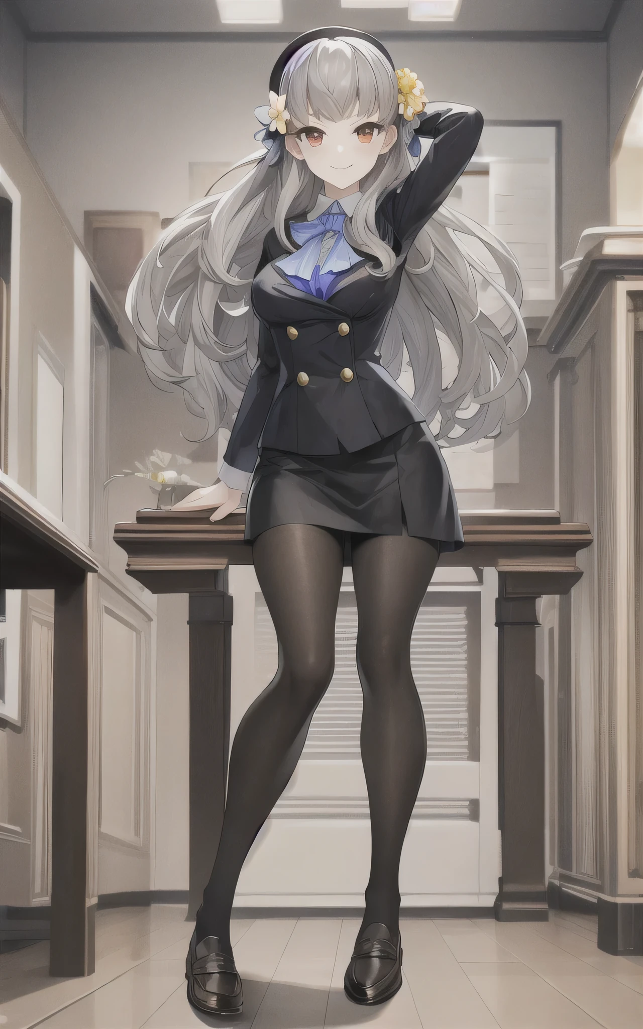 masterpiece, best quality,Iori Fuyusaka 1, 1 woman, alone, hair flower, headdress, flower, long hair, whole body, loafers, gray hair, white flower, gray eyes, outline, long sleeves, looking at viewer, black pantyhose, smile, shamful face, turn red face, arms behind head, spread legs, standing, pussy, Highly detailed classroom background, arms up, straight on, middle breast, foot, lower nude, slander