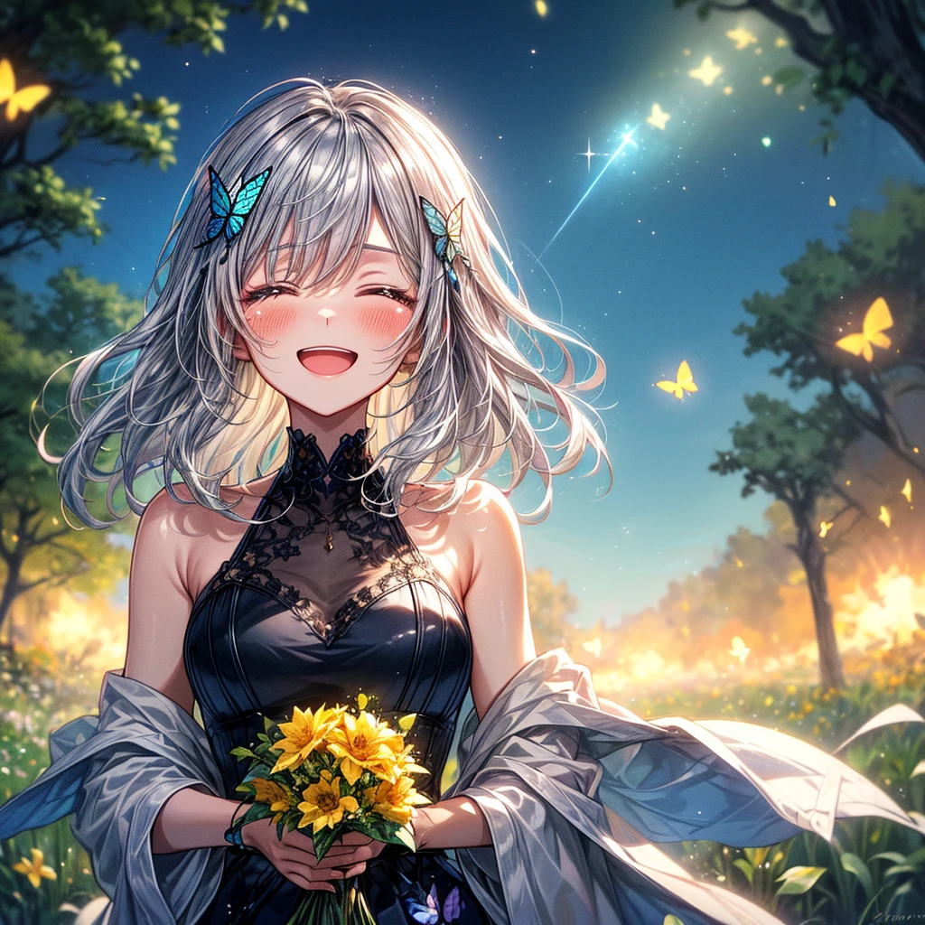 (((Best quality))), (((Ultra detailed))), 1 girl, ((((vivid)))),(((beautiful detailed hair, medium hair, silver hair))), (((closing both eyes))), raining, viewing from above:1.4, (crying, light smile, blush, opening mouth), ((holding bouquet)), flower field, beautiful detailed flowers, colorful flowers, ((fireflies, sunshine, particles)), butterfly, (beautiful butterfly hair ornament) starrystarscloudcolorful