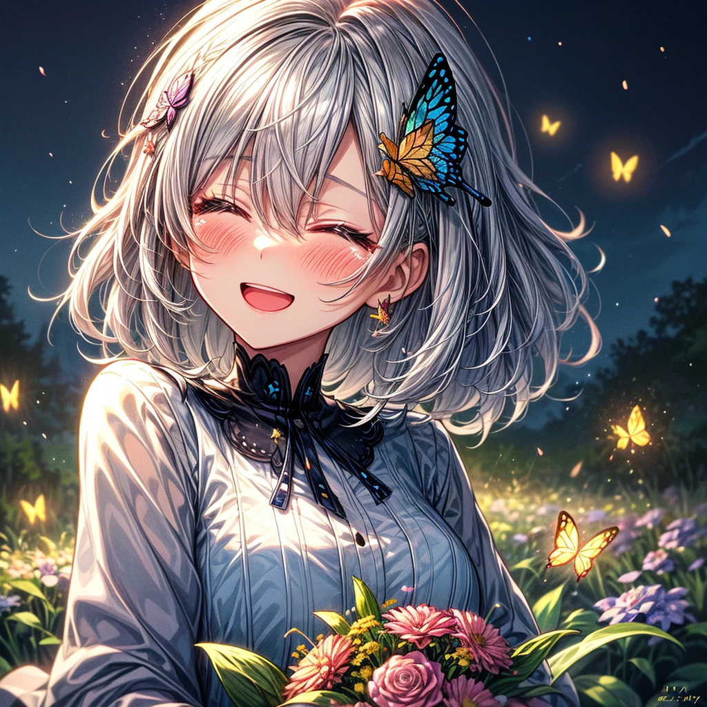 (((Best quality))), (((Ultra detailed))), 1 girl, ((((vivid)))),(((beautiful detailed hair, medium hair, silver hair))), (((closing both eyes))), raining, viewing from above:1.4, (crying, light smile, blush, opening mouth), ((holding bouquet)), flower field, beautiful detailed flowers, colorful flowers, ((fireflies, sunshine, particles)), butterfly, (beautiful butterfly hair ornament) starrystarscloudcolorful