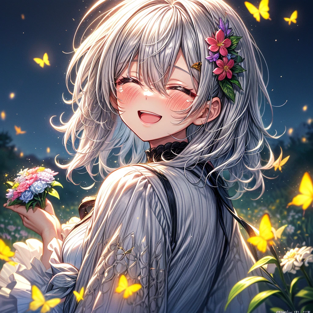 (((Best quality))), (((Ultra detailed))), 1 girl, ((((vivid)))),(((beautiful detailed hair, medium hair, silver hair))), (((closing both eyes))), raining, viewing from above:1.4, (crying, light smile, blush, opening mouth), ((holding bouquet)), flower field, beautiful detailed flowers, colorful flowers, ((fireflies, sunshine, particles)), butterfly, (beautiful butterfly hair ornament) starrystarscloudcolorful