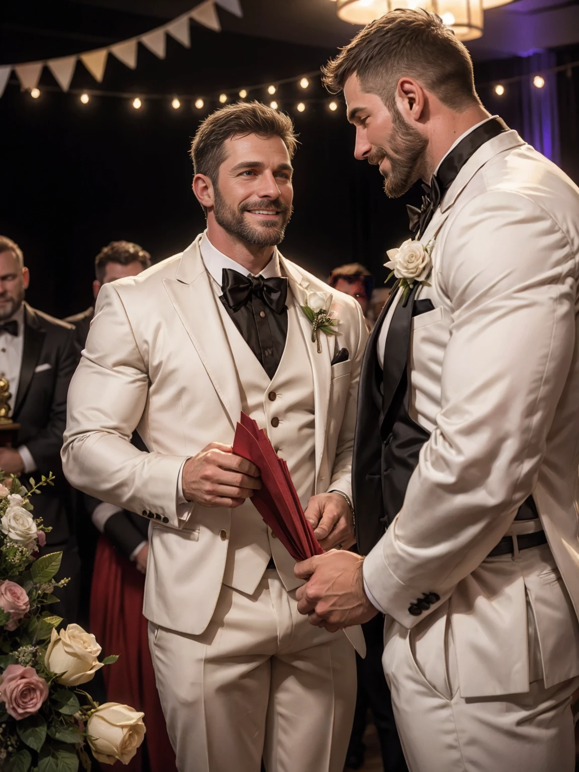 Award-winning original photos，2men, wild muscular men, (40 years old), beards, burly, hunk, jackets, smilling happily, wedding ceremony, (tuxedos), hugging, detailed, lovely, faces closeup, flowers, from the side