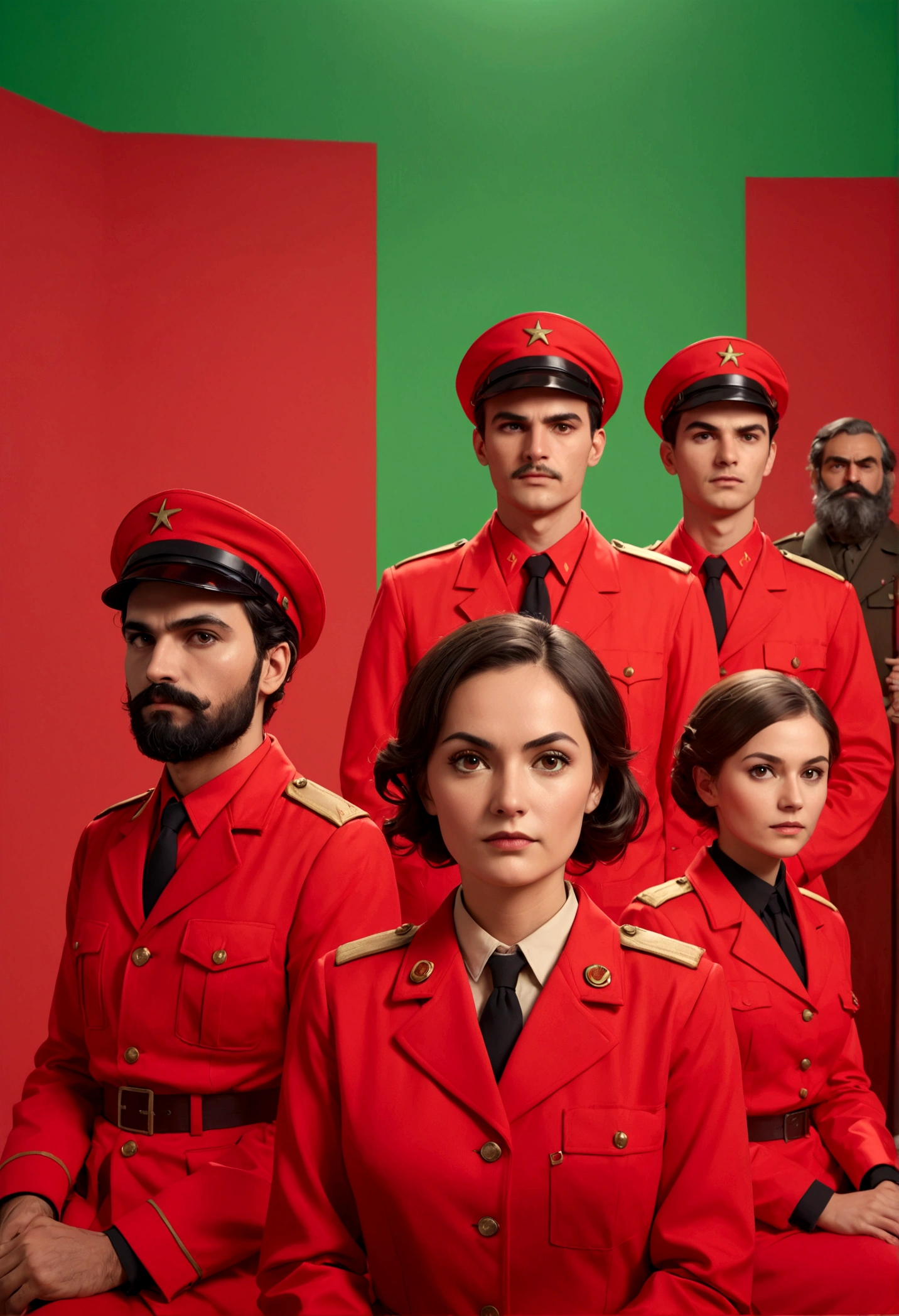 a group of Marxist psychologists, red chroma key background with uniform lighting,