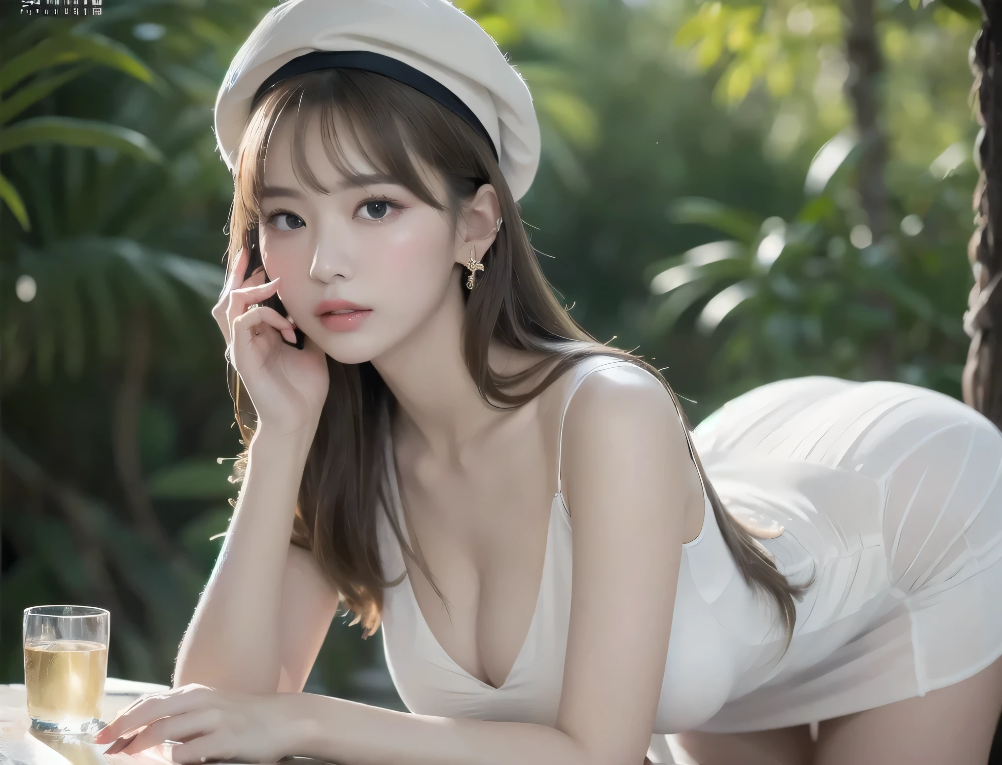 (highest quality, Tabletop, Ultra HD: 1.3), One Girl, Mid-breasted, Light brown hair, Blunt bangs, Hair behind the ear, Hair that falls over the shoulders, Long Hair, Slim figure, Ultra-fine face, Delicate lips, Beautiful Eyes, Light blush, eyes are light brown, Perfect glowing skin, Perfect Skin, Shining Sweat, Have a look at this, Ultra-thin needle, Very thin fingers, The optimal ratio is four fingers to one thumb, (Realistic:1.3), Finger extension, See-through white blouse, White see-through tight skirt, Supermodel Legs, Low heels. White Beret, Eye-level shot, Bust Shot, 8k,Broadleaf Forest