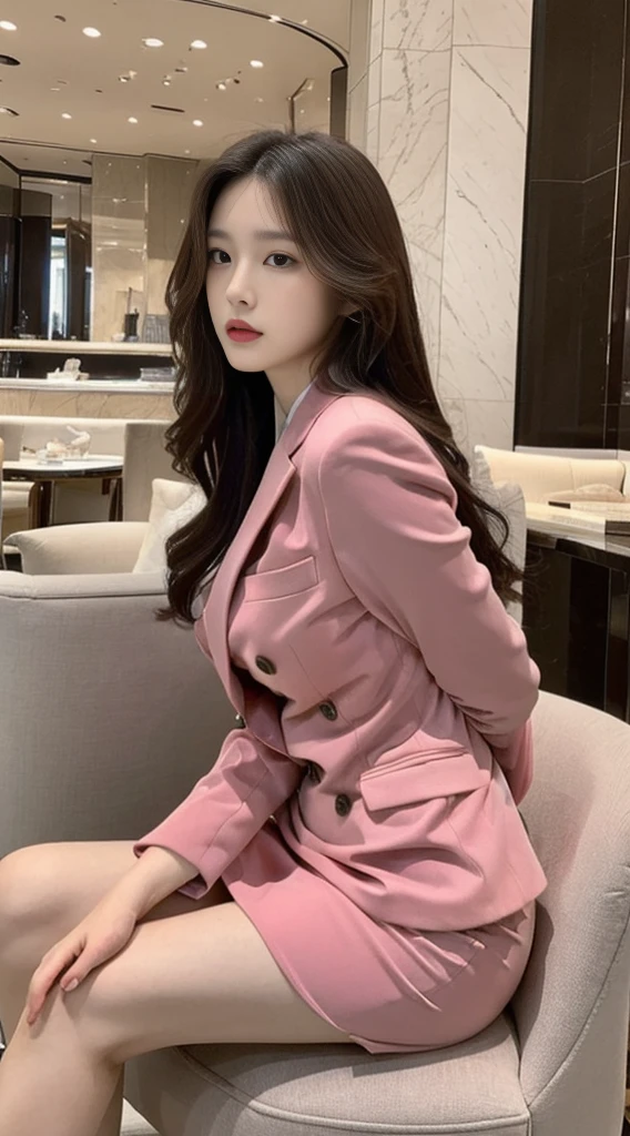 Full body,side view of beautiful korean female, 34 inch breasts size, Height 172 cm,wearing pink suit, and tight skirt, Sitting on a chair in a luxury jewelry store,, bokeh background, UHD