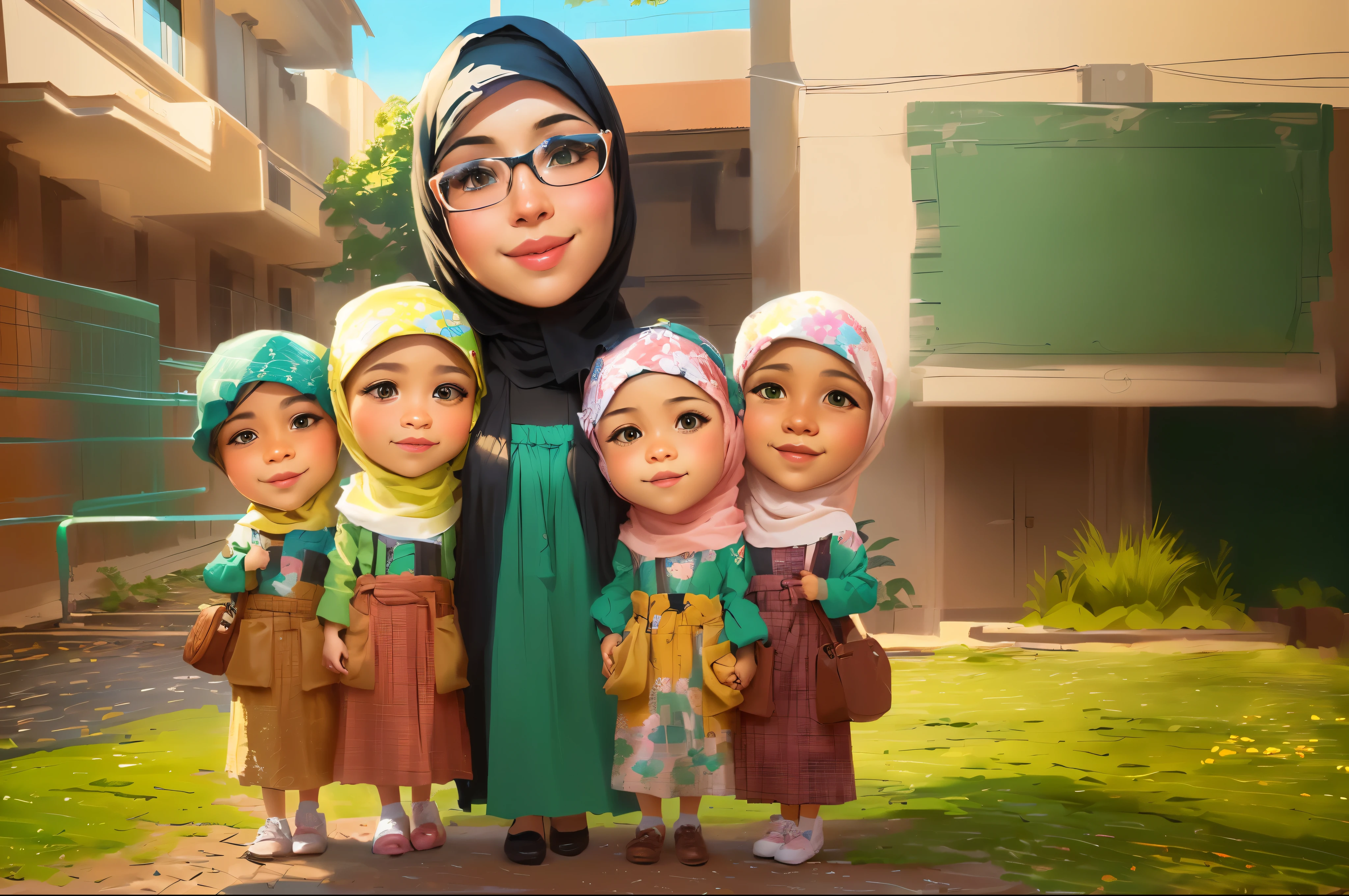 a close up of a woman hijab with three children hijab in front of a building, q Beautiful green grass land with small flowers, in cartoon style, potrait, teacher, by Abidin Dino, inspired by Mym Tuma, inspired by JoWOnder, inspired by Ingrida Kadaka, caricature, full protrait, protrait, chibi, caricature style, style of cartoon, caricature illustration, charicature
