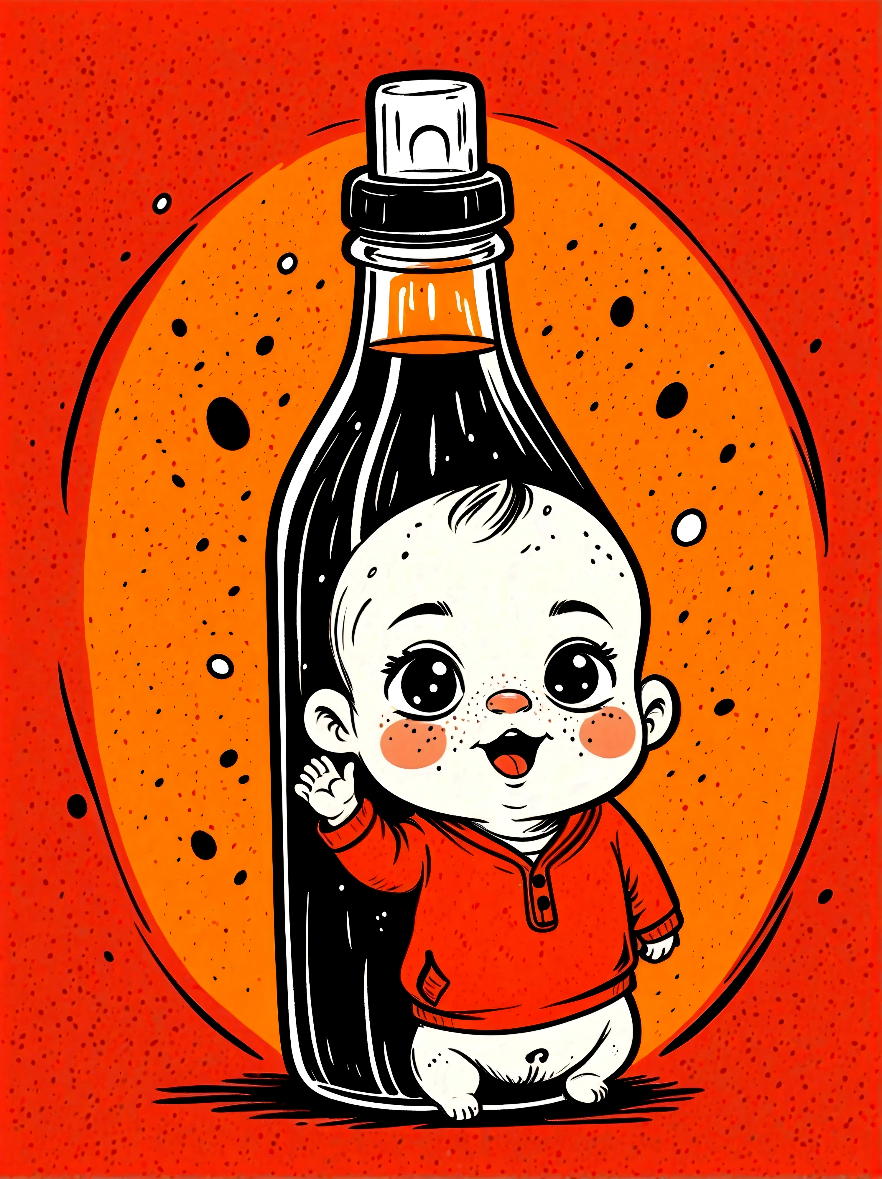 Cartoon hand drawn, , solo, cry,Bottle in hand,The color palette is in red, orange and black tones and has a sketchy style, The background should have a simple hand-drawn doodle pattern