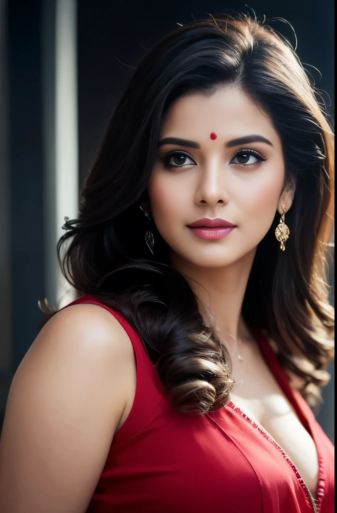 portrait of A confident-looking indian woman princess with long flowing hair, hazel eyes, with orange blue red saree, a smile on the face, royal and lusty look, red bindi, standing in cricket stadium, c-cup breast, perfect composition, hyperrealistic, super detailed, 8k, high quality, trending art, trending on artstation, sharp focus, sexy photo, intricate details, highly detailed, art by Greg Rutkowski