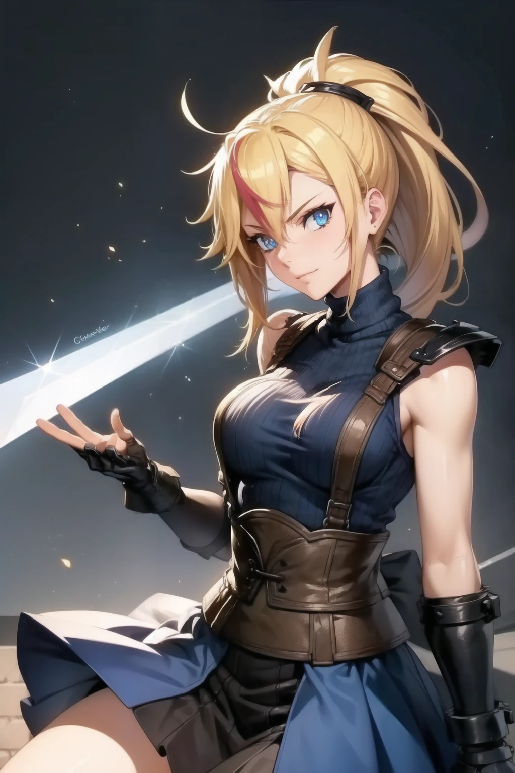 (masterpiece, best quality:1.2), Blue glowing eyes, perfect face, highres, 1 girl, solo, ultra long ponytail, (female:1.5), strife, blonde hair, shoulder armor, sleeveless turtleneck, suspenders, belt, gloves, bracer, evil smile, standing, portrait, looking at viewer, giant sword on the back