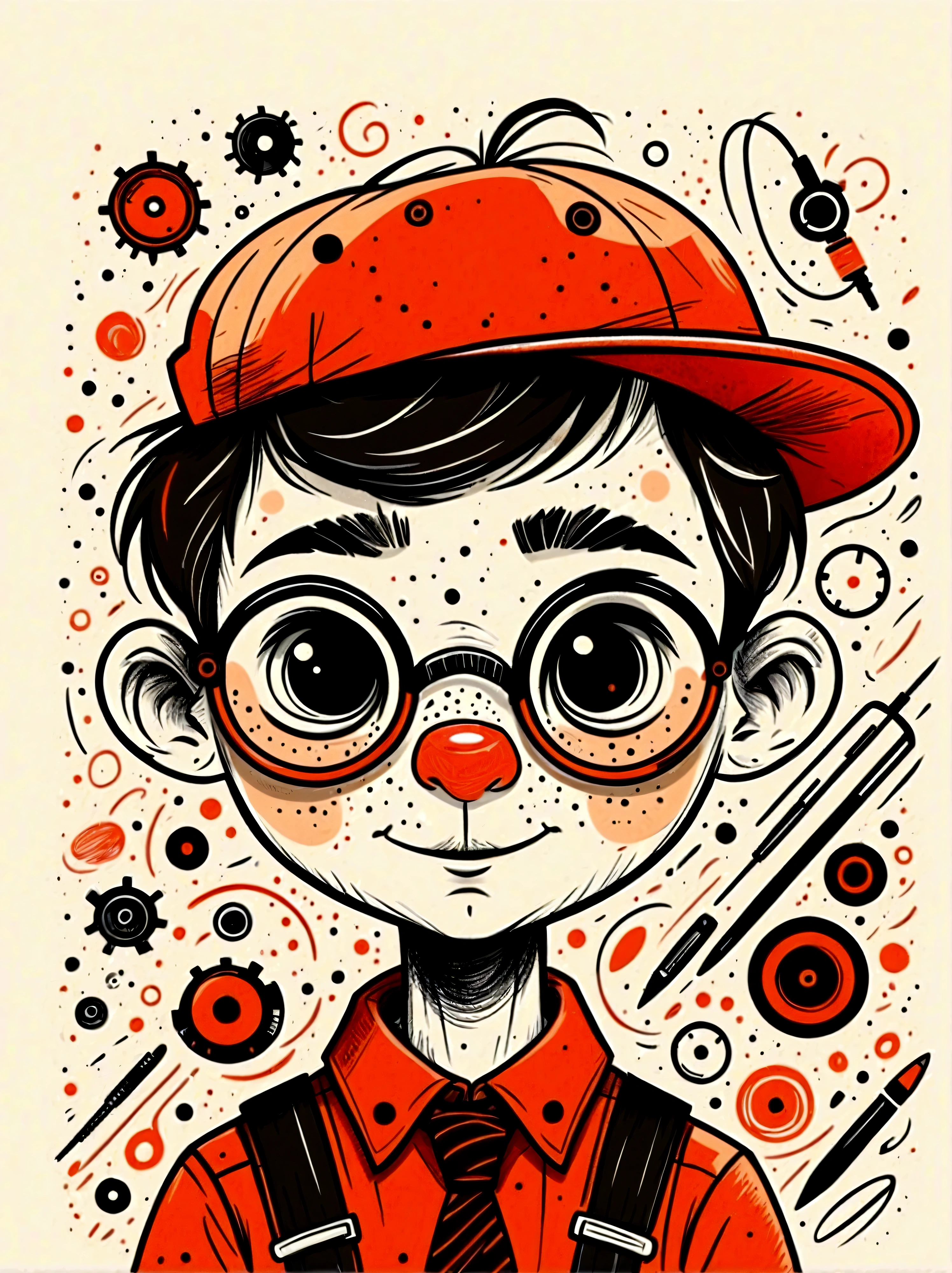 (masterpiece, best quality:1.2), Cartoon hand drawn, Mechanical feel，Lovely，Boys，mechanical doll, Pinocchio, The color palette is in red, orange and black tones and has a sketchy style, The background should have a simple hand-drawn doodle pattern