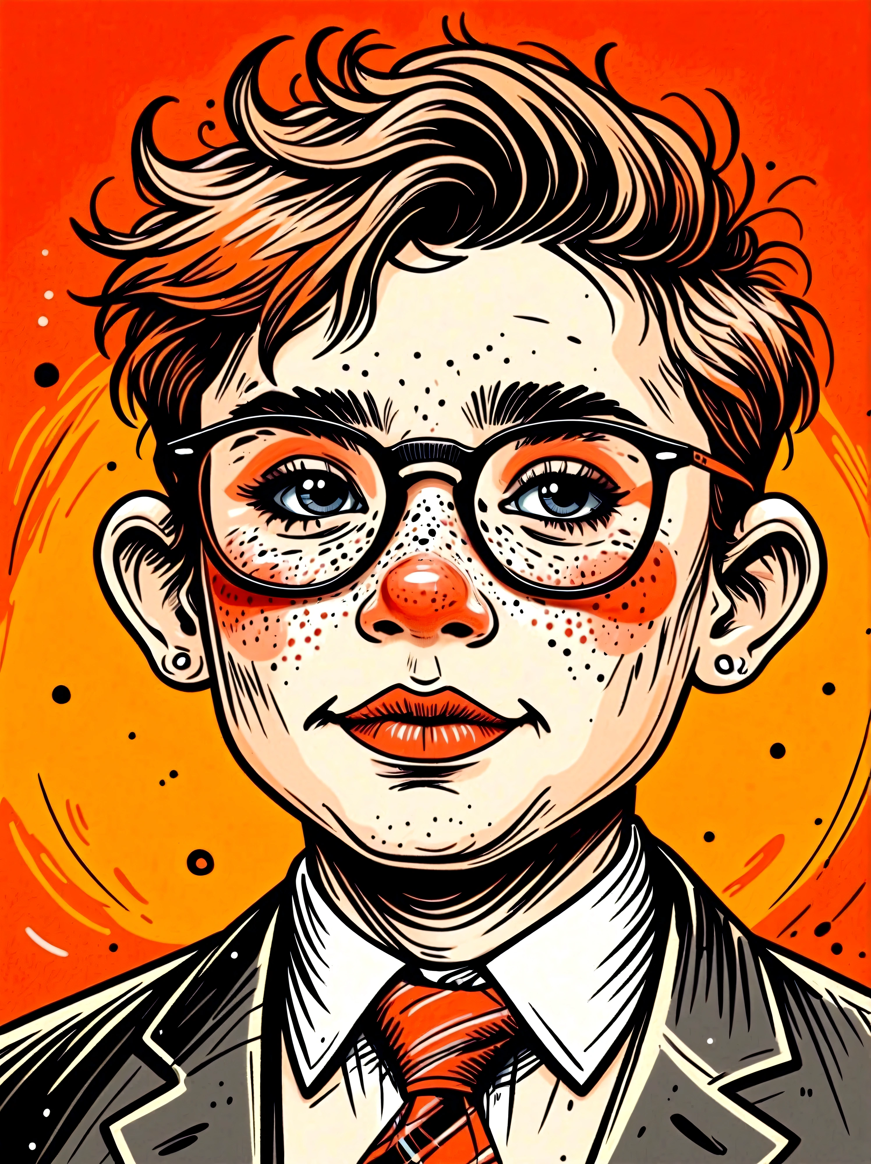 (masterpiece, best quality:1.2), Cartoon hand drawn, , solo, portrait, wear glasses, cry，happy，nipple，tie, The color palette is in red, orange and black tones and has a sketchy style, The background should have a simple hand-drawn doodle pattern