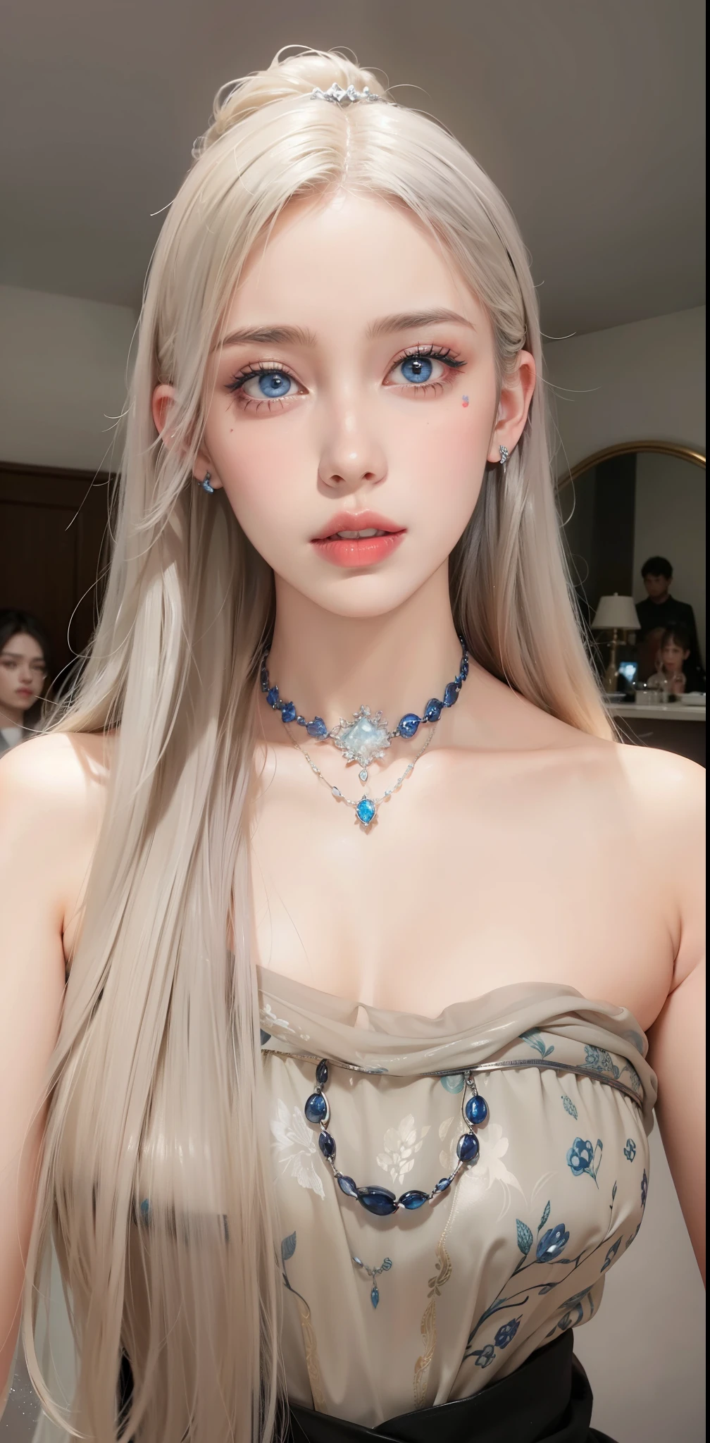 Super detailed, Delicate face, Realistic style, Stock Photography , rich and colorful, Surrealism, Realistic textures, Dramatic Lighting, Thin Film Distiller 800 (8K, original photo, Better quality, masterpiece: 1.2), Super detailed, (Extremely delicate skin: 1.2), 8K Ultra HD, SLR camera, Soft Light, high quality,Snow Queen,ice castle,Blue pupils,Apply red lipstick,Tattoo goddess,With tattoo pattern,Ultra-clear portrait,Wearing necklace jewelry,apply lipstick,Wear heavy makeup,The facial texture is very clear,Beautiful tattoos on the body,Deep blue eyes(Sapphire-like pupils),A crown of luxury,Diamond necklace,Tattoos are exposed,Lace print dress,Magical girl,