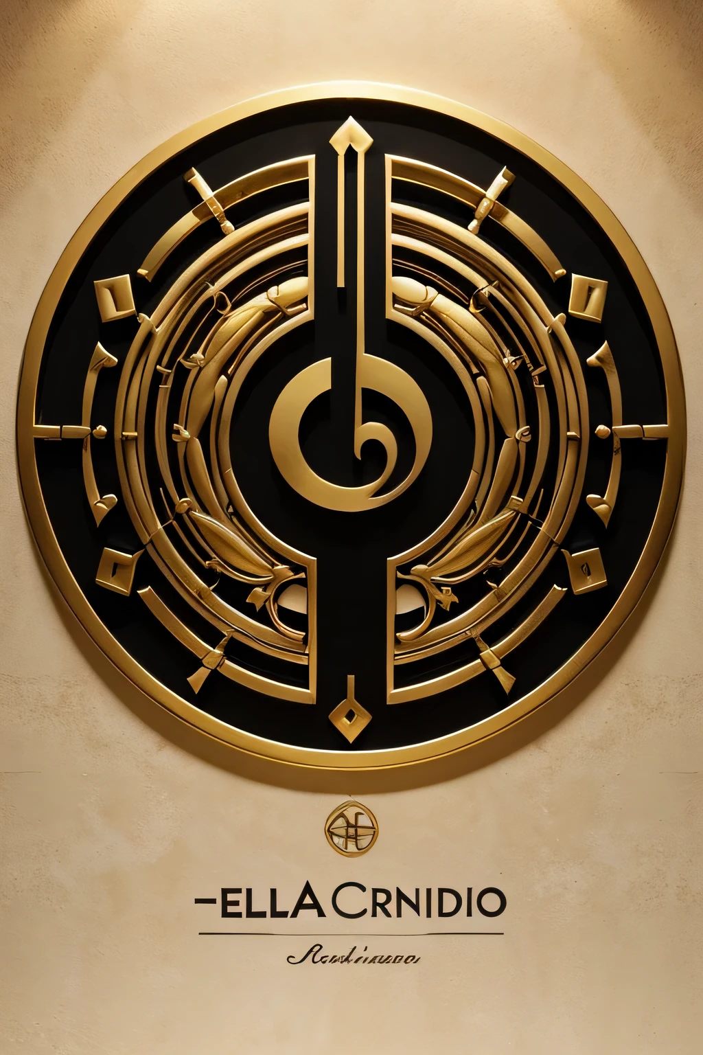 En el centro del logo, hay una clave de sol dorada, with a fluid design that suggests movement and grace. The treble clef is situated on a blank musical score that extends horizontally, creating a basis for the design. The logo is framed by a golden circular border, which adds a sense of cohesion and structure. El fondo del logo es un suave color marfil, que contrasta elegantemente con los elementos dorados y negros, enhancing the feeling of luxury and refinement.
