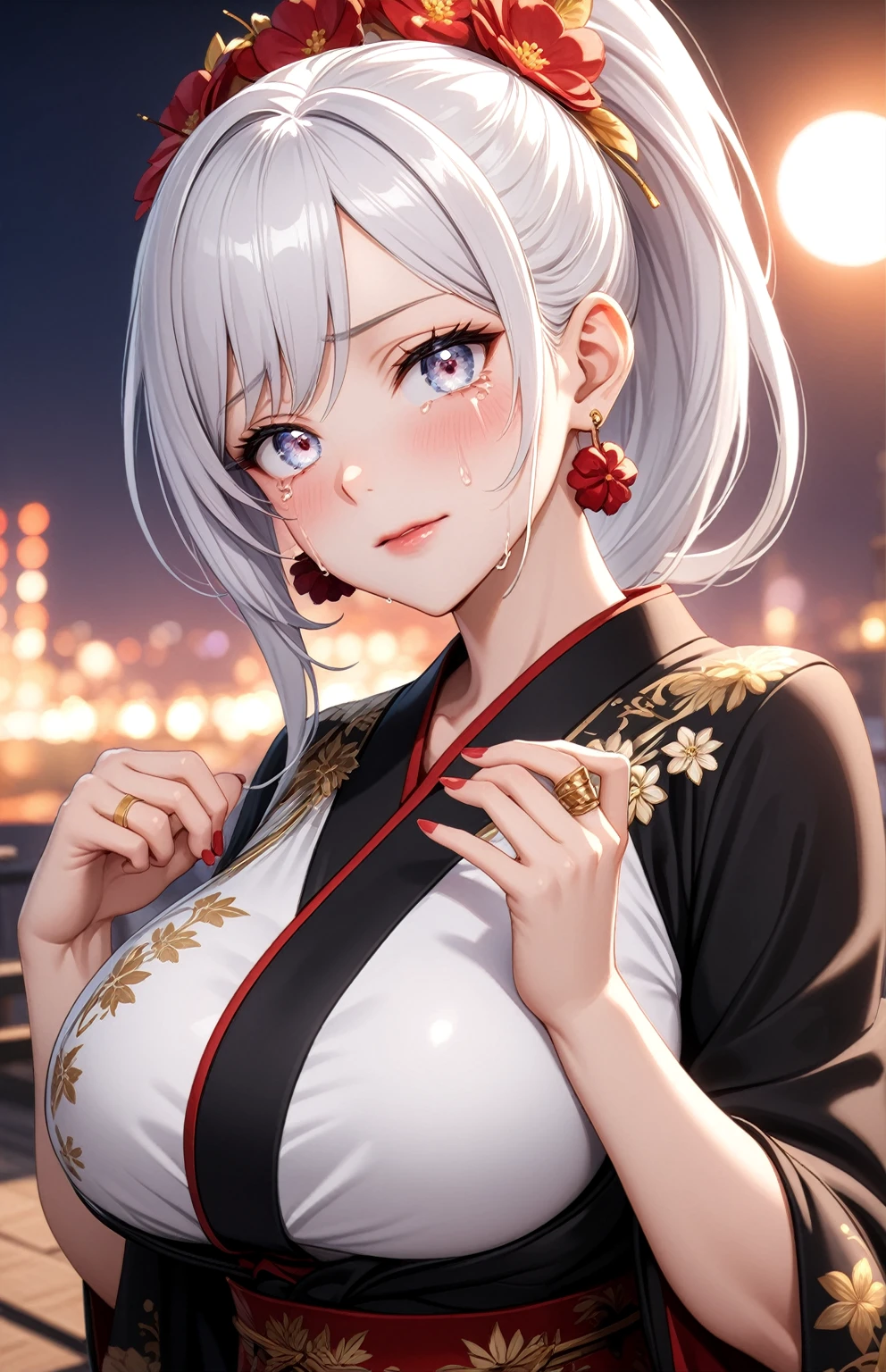 ((one personの女性)), Beautiful Face,((Crying while holding the eyes with hands:1.3)),Embarrassed,((Bright red cheeks:1.4)),Glossy pink lips,night,Rooftop festival venue,You can see the ocean,firework,((Anime style background)),masterpiece, highest quality, so beautiful, Latest, Complex details, (Pink long nails),(ring),AI-generated, Complex,High resolution, highest quality, super high quality,3D Images、View your viewers、3D Images,one person,Long white hair,High Ponytail,blue eyes,Anime woman posing for a photo, ((Fine grain、Silvery white colorful eyes、Shining Eyes:1.3)),(Squint your eyes:1.1),a hyperRealistic , hyperRealistic , Realistic,Anime woman with long and white hair, Smooth anime CG art, A woman in a colorful kimono with gold embroidery, (Black kimono),Red floral pattern,Long flower hair ornament,Big earrings,Mature Body,(Big Breasts:1.1),Tall,Big Ass,Fine details,Narrow waist,Abdominal muscles,Shooting from an angle,(Face close-up:1.3),