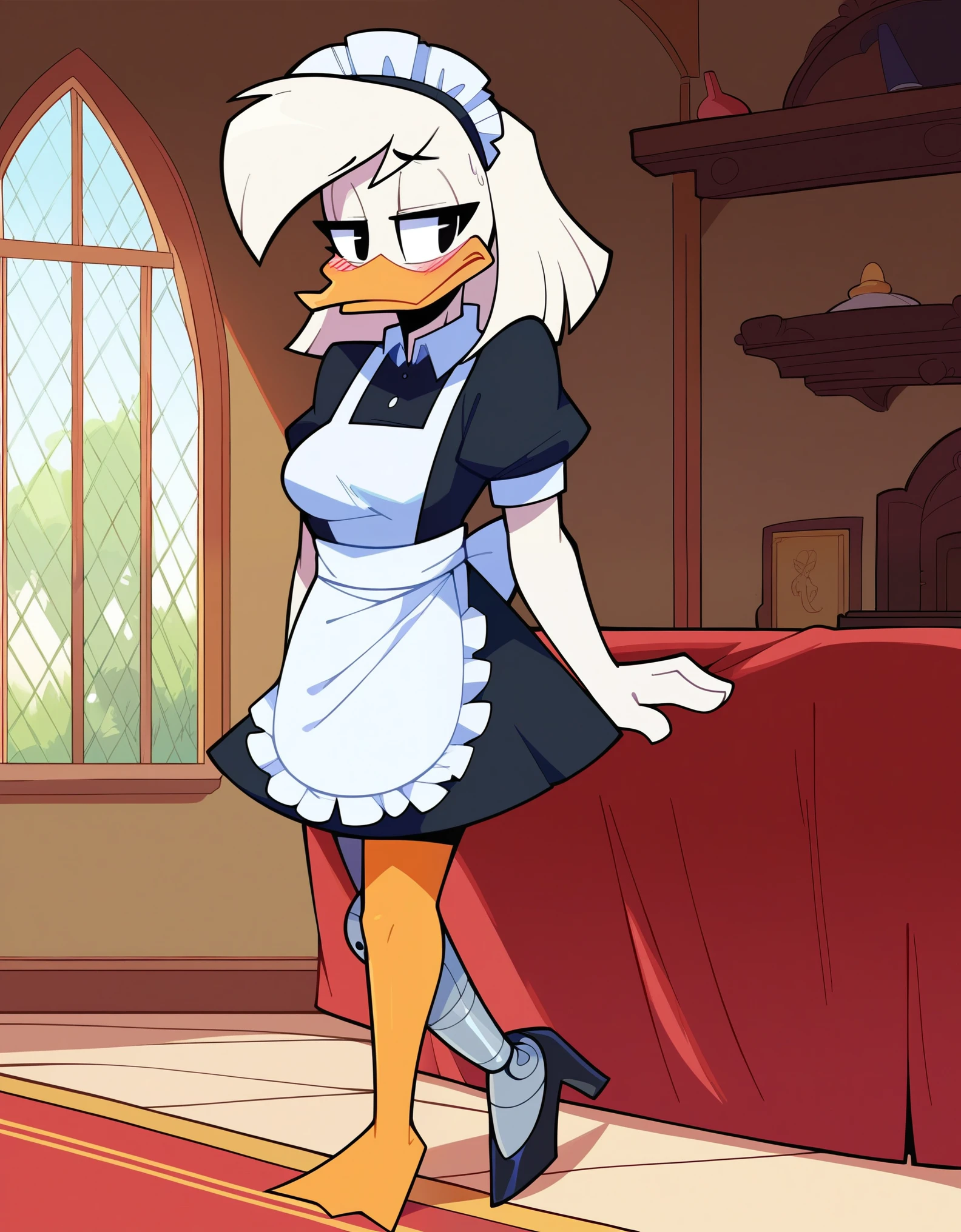 score_9, score_8_up, score_7_up, score_6_up, best quality, highres, source_furry, BREAK drocll BREAK 1girl, mansion, inside, standing, solo, furry, duck, della duck, beak, white skin, white body, white hair, shoulder length hair, black eyes, orange legs (brass leg, prosthetic leg), heels, mouth closed, frown, half-closed eyes, blush, looking aside, breasts, maid uniform, maid headdress, maid apron, pantyhose, leggings 