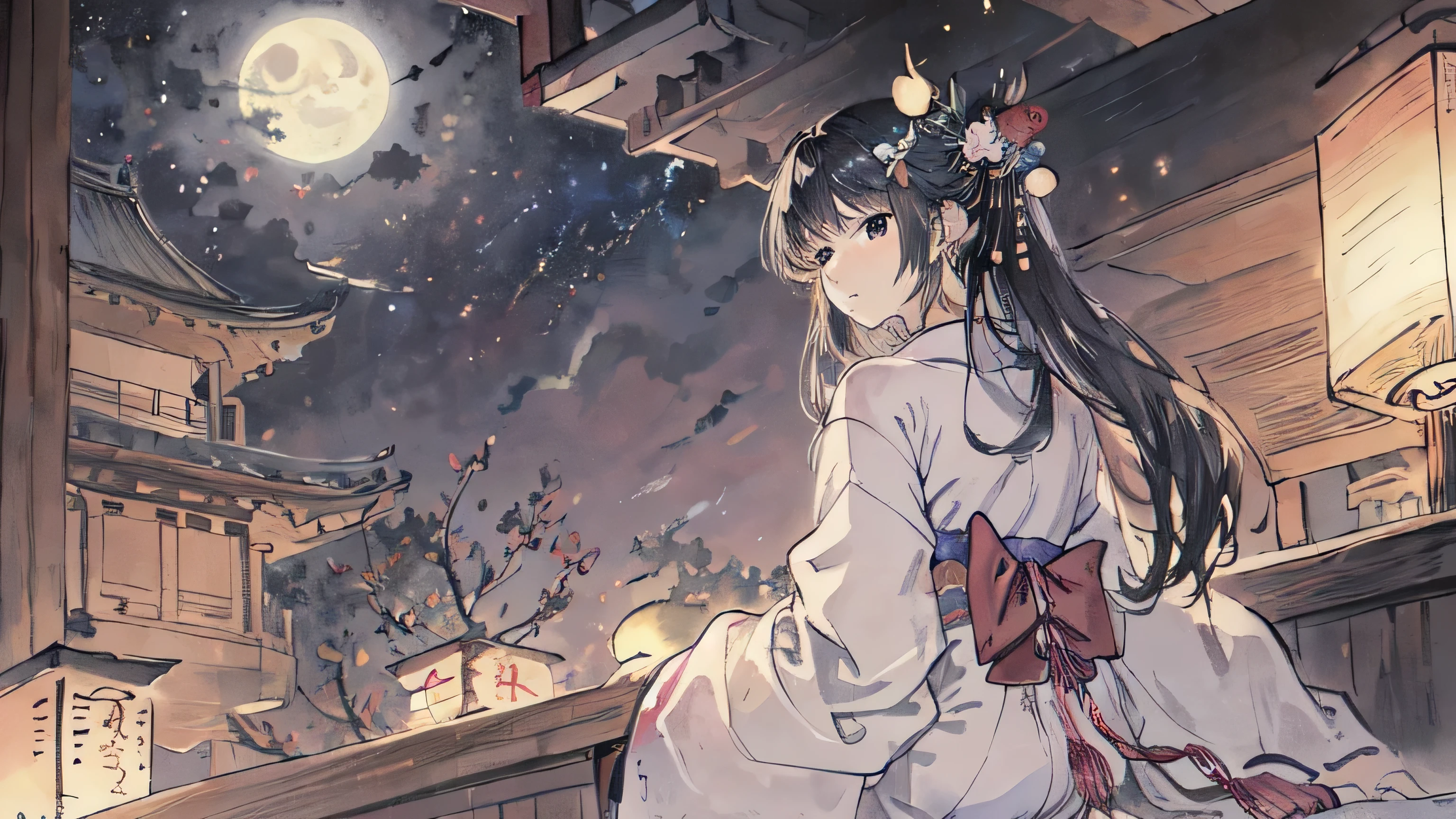 masterpiece,highest quality,Super Detailed Woman1people,Super detailed face,yukata,Sitting,Night Sky,moon,Veranda,Fantasy,romantic,Calm,nebula,wind chimes,Close-up
