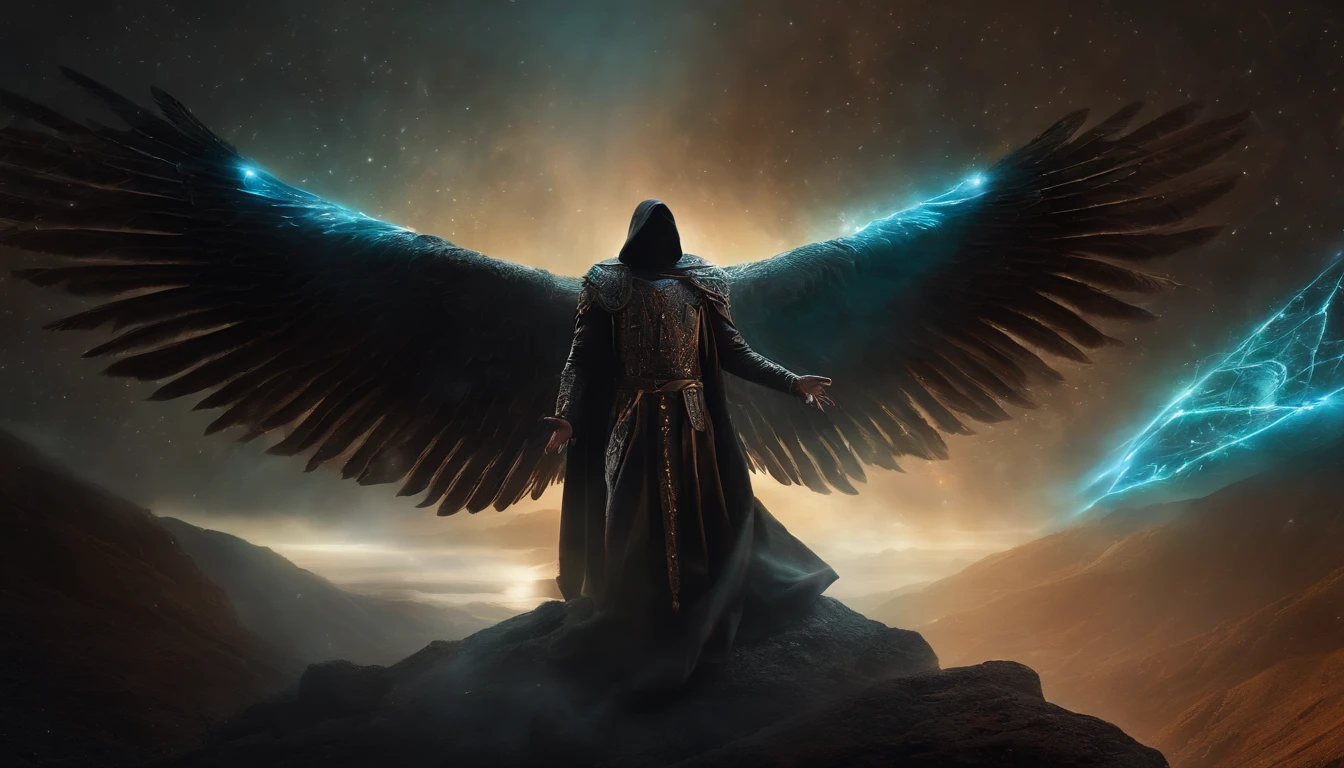 Cosmic Fallen Angel, glowing light eyes, Biomechanical, eerie, Creepy, nightmarish, Very bright colors, Light particles, with light glowing, Mshiff, wallpaper art, UHD wallpaper, anakil skywalker, s, medieval clothes