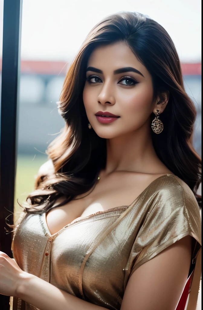 portrait of A confident-looking indian woman princess with long flowing hair, hazel eyes, with orange blue red saree, a smile on the face, royal and lusty look, red bindi, standing in cricket stadium, c-cup breast, perfect composition, hyperrealistic, super detailed, 8k, high quality, trending art, trending on artstation, sharp focus, sexy photo, intricate details, highly detailed, art by Greg Rutkowski