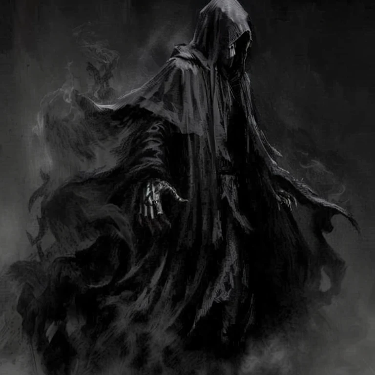 a black and white drawing of a person in a hooded cloak, dark cloaked figure, dark hooded wraith, reminded me of the grim reaper, dark flowing robe, dark cloaked necromancer, dark robed, with dark ghost smokes around, dark robe, cloaked, reaper of night!!!!, the dark lord, shadowy and eerie character, dark robes