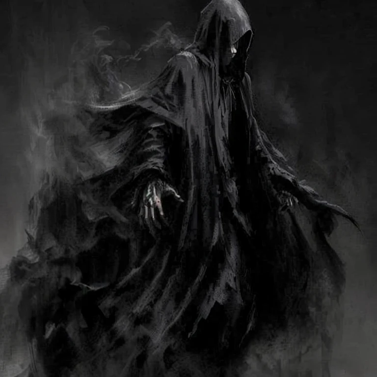 a black and white drawing of a person in a hooded cloak, dark cloaked figure, dark hooded wraith, reminded me of the grim reaper, dark flowing robe, dark cloaked necromancer, dark robed, with dark ghost smokes around, dark robe, cloaked, reaper of night!!!!, the dark lord, shadowy and eerie character, dark robes