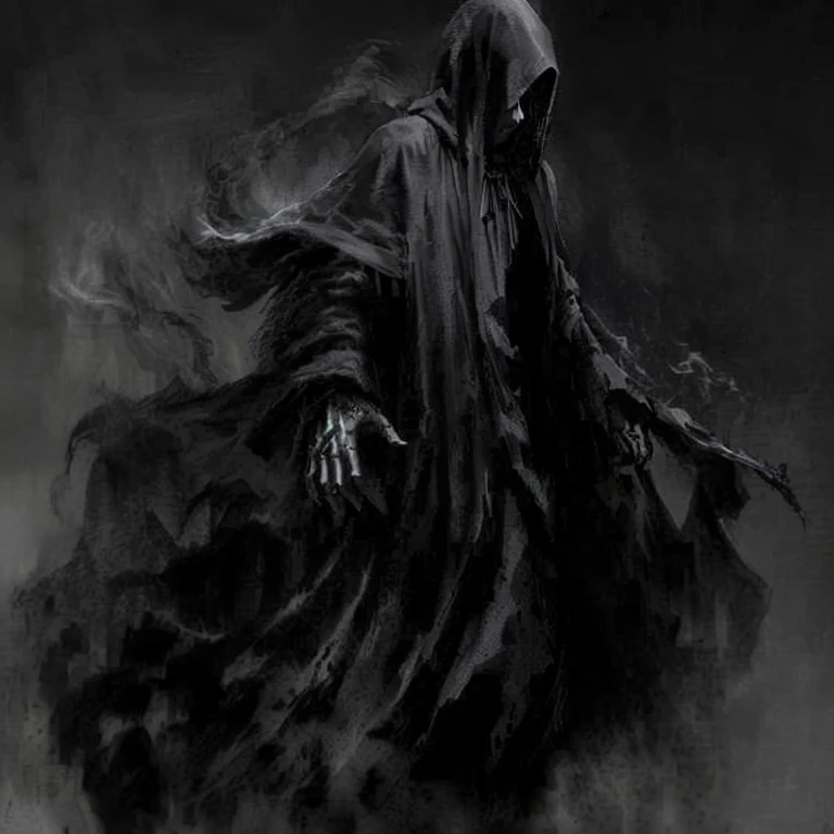 a black and white drawing of a person in a hooded cloak, dark cloaked figure, dark hooded wraith, reminded me of the grim reaper, dark flowing robe, dark cloaked necromancer, dark robed, with dark ghost smokes around, dark robe, cloaked, reaper of night!!!!, the dark lord, shadowy and eerie character, dark robes
