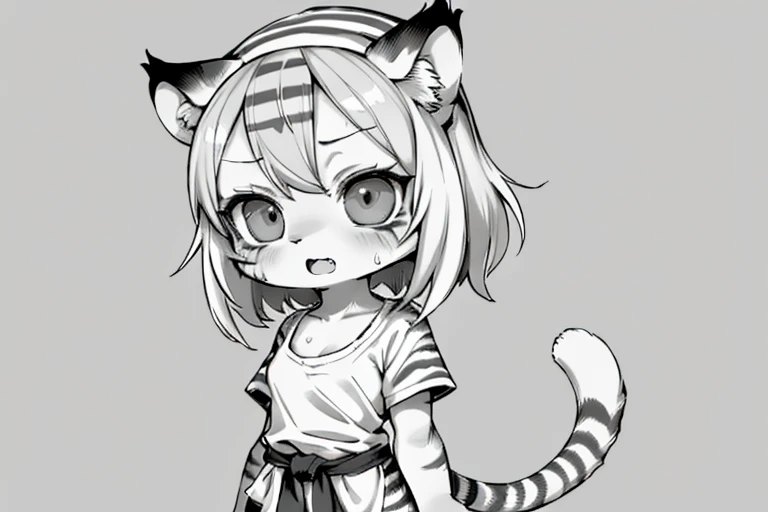 (masterpiece, High quality, Best quality, 8k, High resolution), ((chibii style, chibi cute)), (solo, 1  girl), {tiger girl, tiger face, 2 fangs, long eyelashes, eyeliner} {tiger whiskers}, (((Tiger skin all over the body, Tiger stripes on the body))), short hair, hat, ((headscarf)), ((very tired, very bored, sweating)), ((open mouth)), [black pupile], ((staring)), (very small breasts), thin arms, broom, ((very dirty shirt, t-shirt)), {white shorts}, {{{mini tiger Tail, Tail on the back}}}, (upper body), (((standing, sweeping, dynamic angle))), dynamic pose, white background, simple background, ((((Tora-chan no Hanayome style)))), ((monochrome color, grayscale)), (old anime 40s style), anime style, manga color.