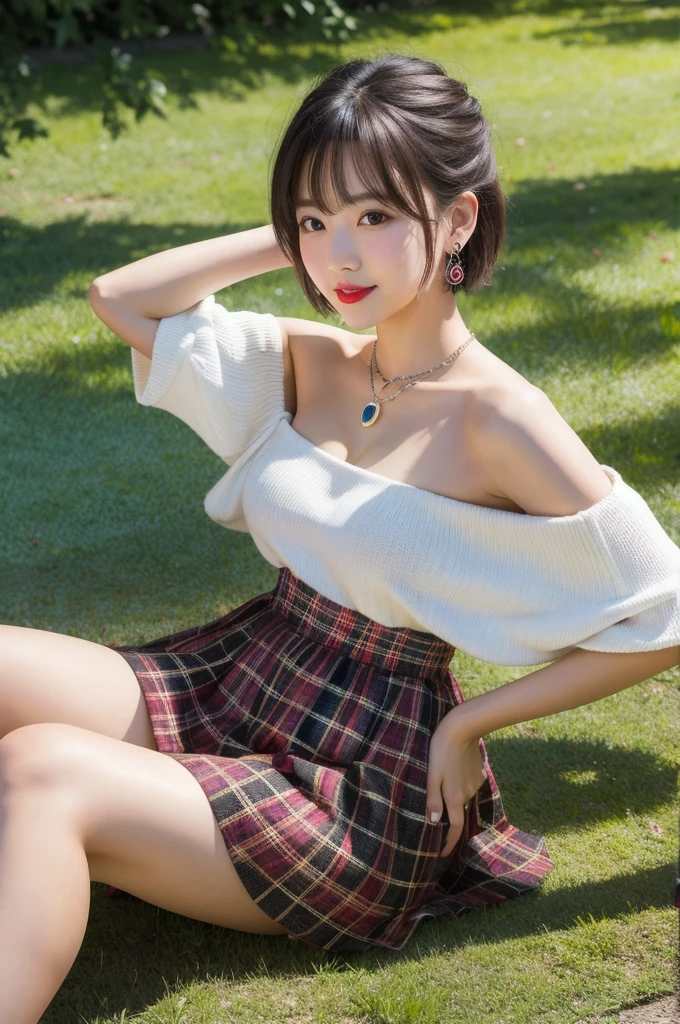extremely detailed CG unity 8k wallpaper, best quality, ultra-detailed, masterpiece, realistic, photo realistic, extremely detailed cute girl, 20years old, (skirt lift), ((skirt lift by myself)), white panties , panties focus, blush, parted lips, looking at viewer , half body shot , wearing off-shoulder shirt , (crowd), (crowded park) , short hair