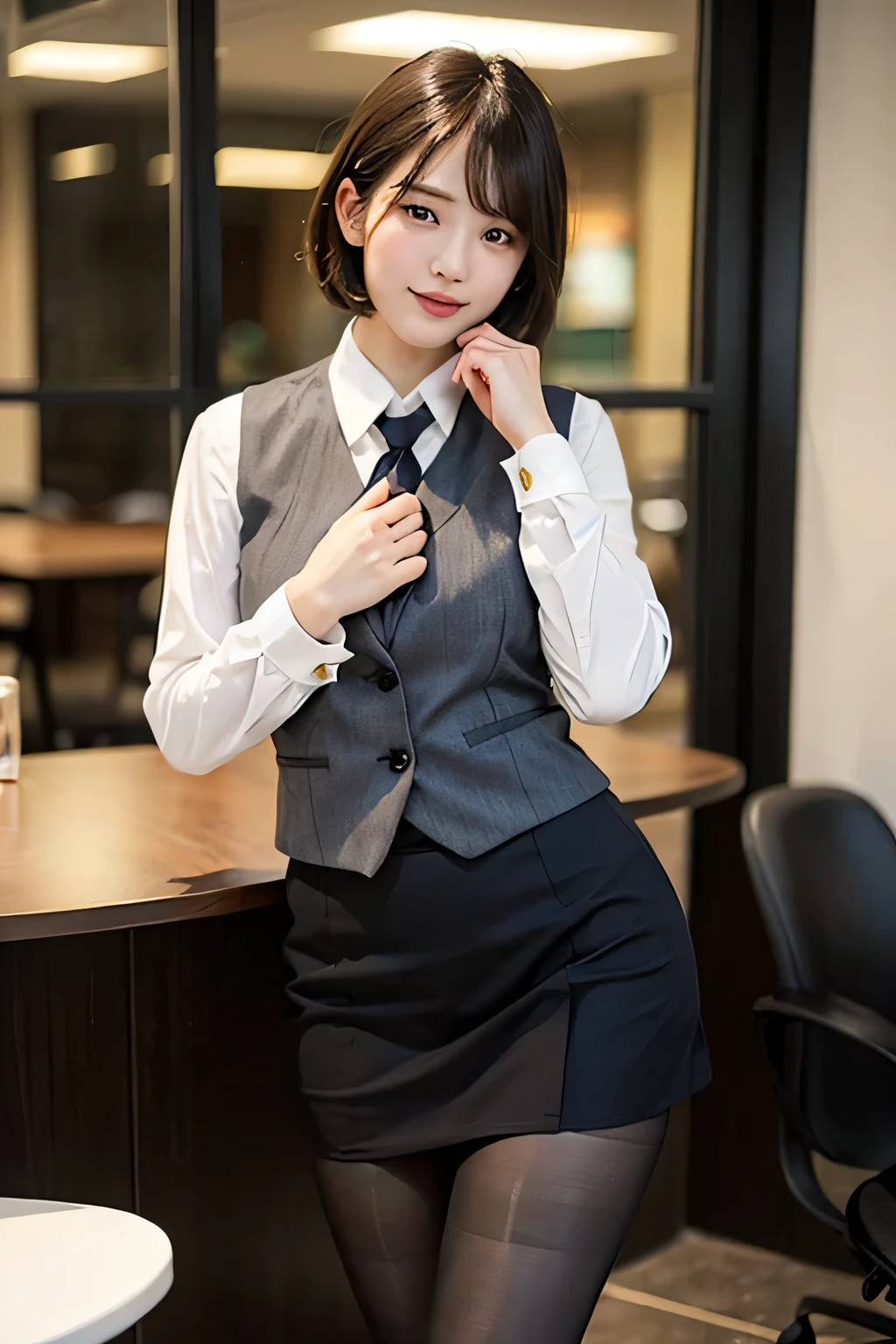 Whole body, professional lighting, (light on face), cute, (perfect slender body), (very detailed eyes and face, beautiful detailed nose, beautiful large eyes, perfect face), (plump thighs), (20s female), top quality, photo realistic, natural skin, (Fluffy short hair), erotic legs, (slim legs), (tight skirt), (Beautiful location), (Detailed background), dark hair, perfect anatomy, gravure, erotic look, (realistic pantyhose), business uniform with vest, nylons, thigh-high