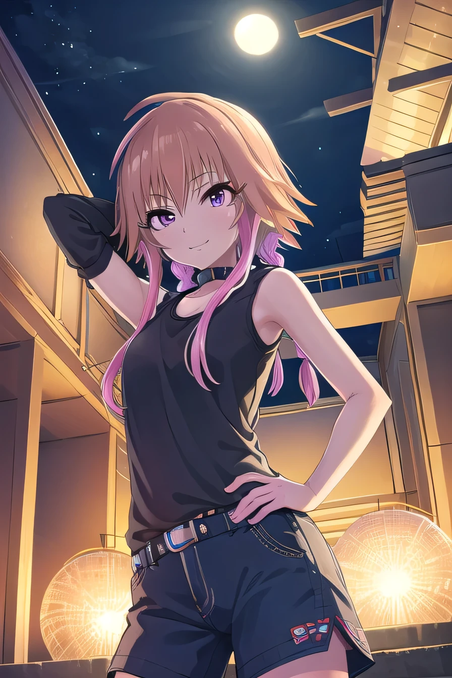 ninomiya asuka, masterpiece, best quality, ultra-detailed, solo,1girl, orange hair,long hair,bangs,twin braids,pink hair,purple eyes, sleeveless, studded collar, black tank top, white short, (cowboy shot:1.5), beach, night sky, arm behind head, hand on hip, spread armpits, contrapposto, smile, closed mouth, looking at viewer,